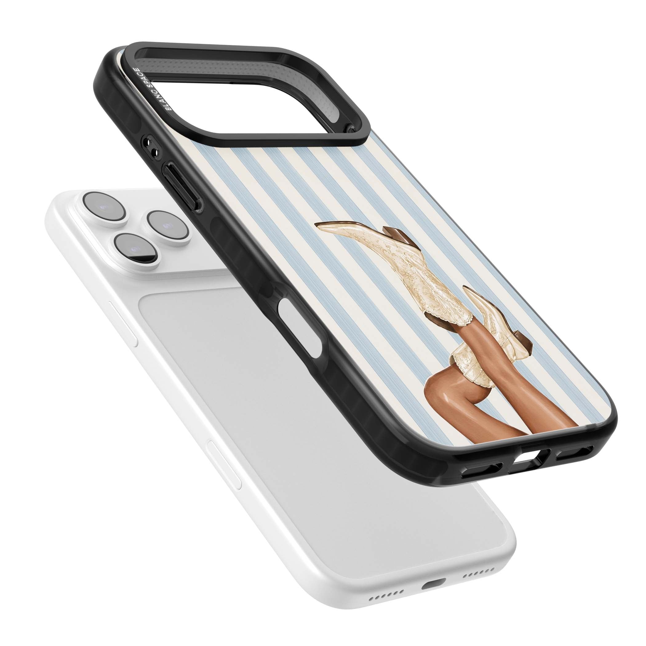 Cowgirl Boots coastal cowgirl iPhone case featuring embroidered western boots, tanned legs and a blue stripe backdrop | Clear Impact case for iPhone 17 Pro, iPhone 17 Pro Max