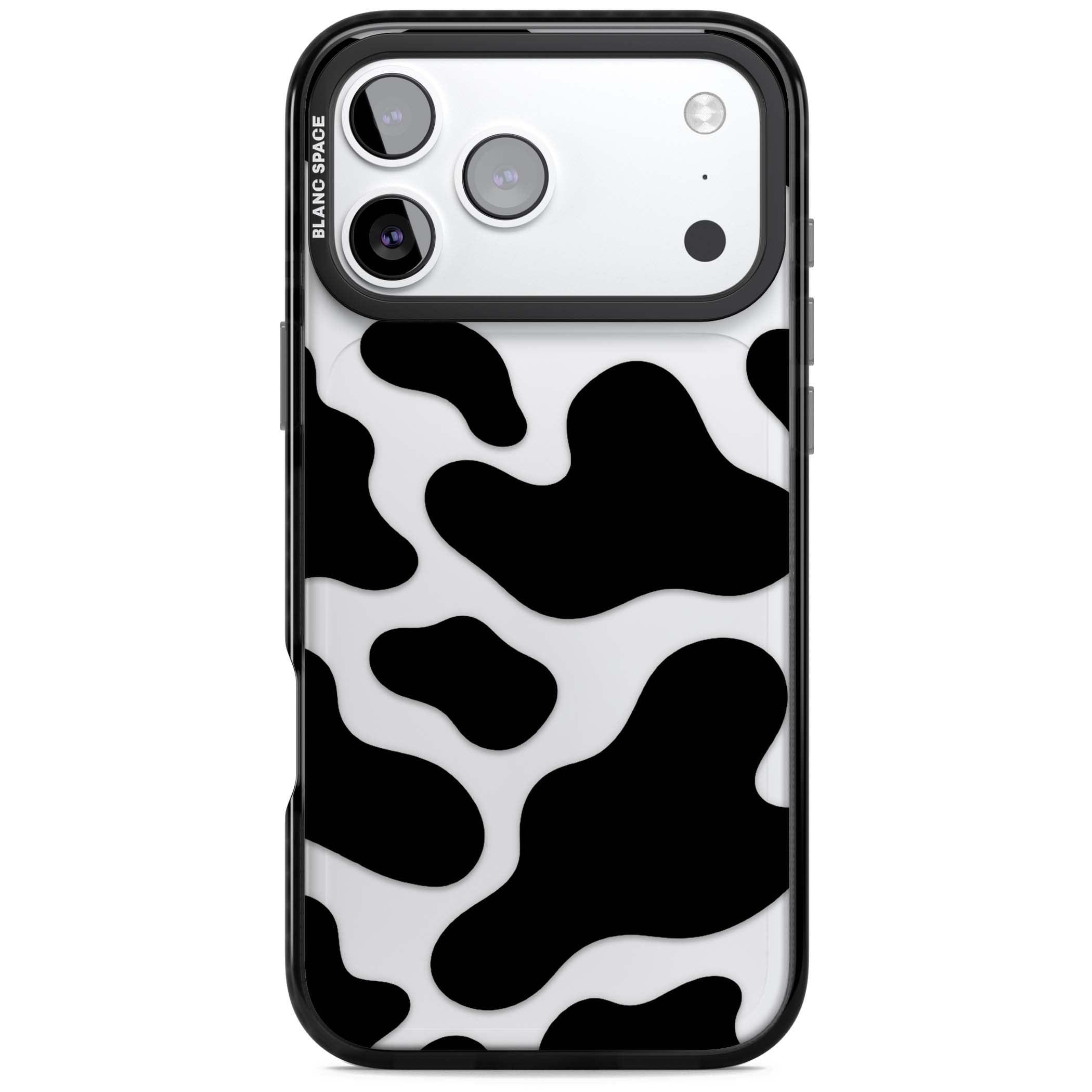 Clear Cow Print cow print iPhone case featuring black and white cow pattern splotches on a clear background | Clear Impact case for iPhone 17 Pro, iPhone 17 Pro Max