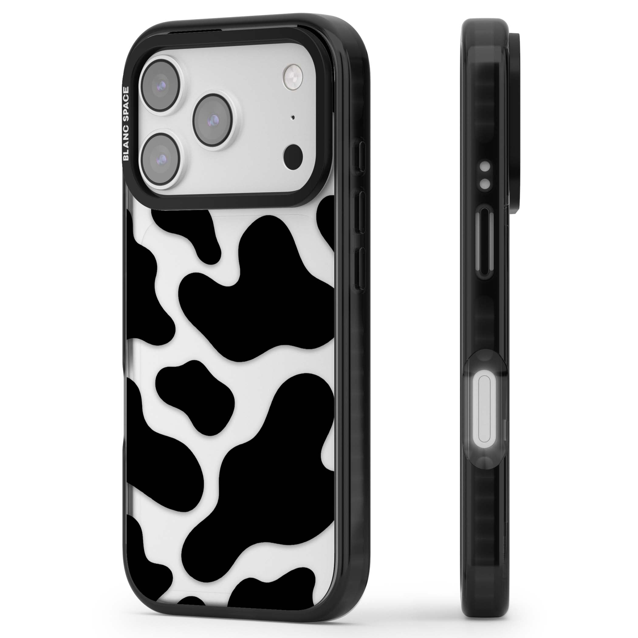 Clear Cow Print cow print iPhone case featuring black and white cow pattern splotches on a clear background | Clear Impact case for iPhone 17 Pro, iPhone 17 Pro Max