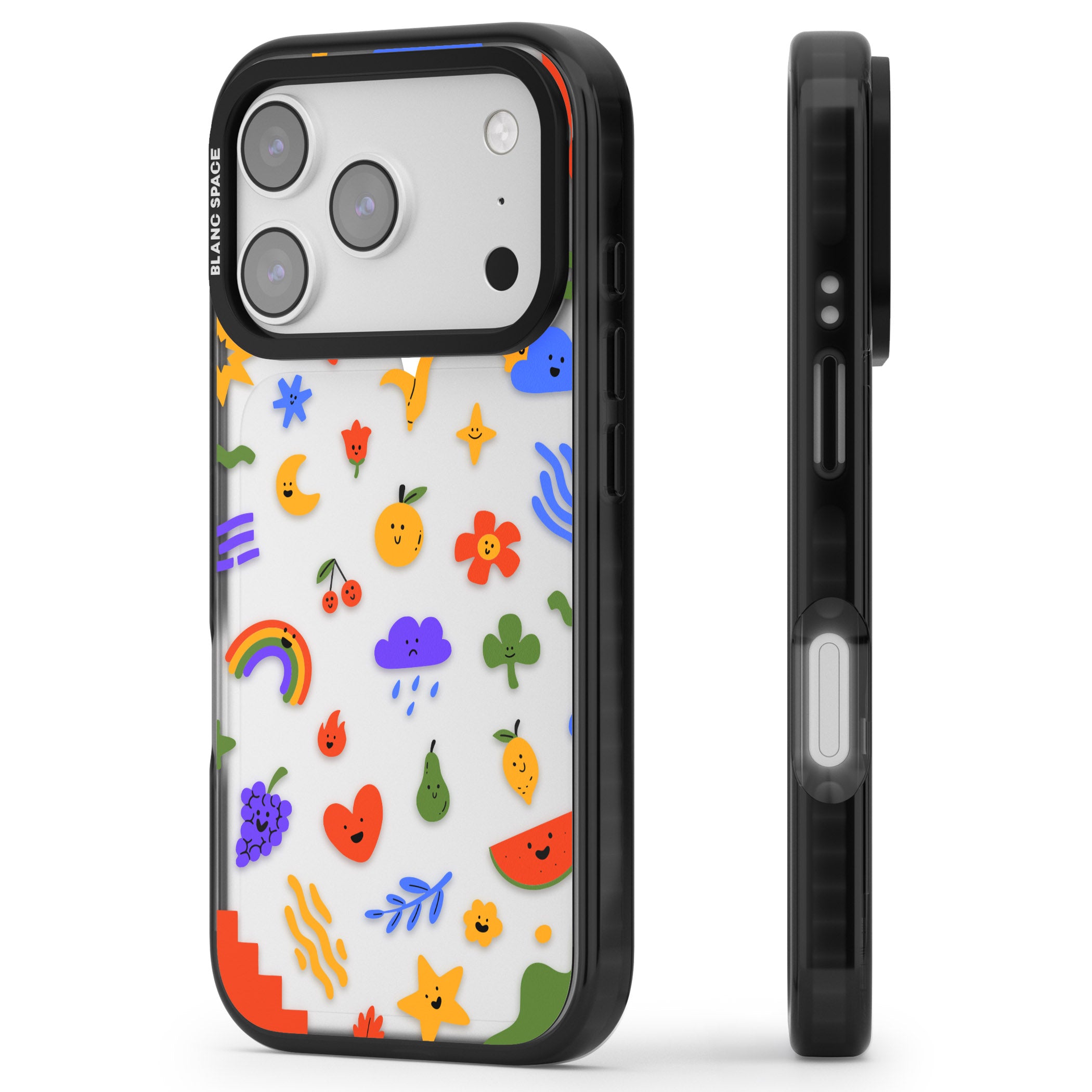 Quirky Cute Icon Pattern iPhone 17 Pro Impact Black Phone Case Side Profile