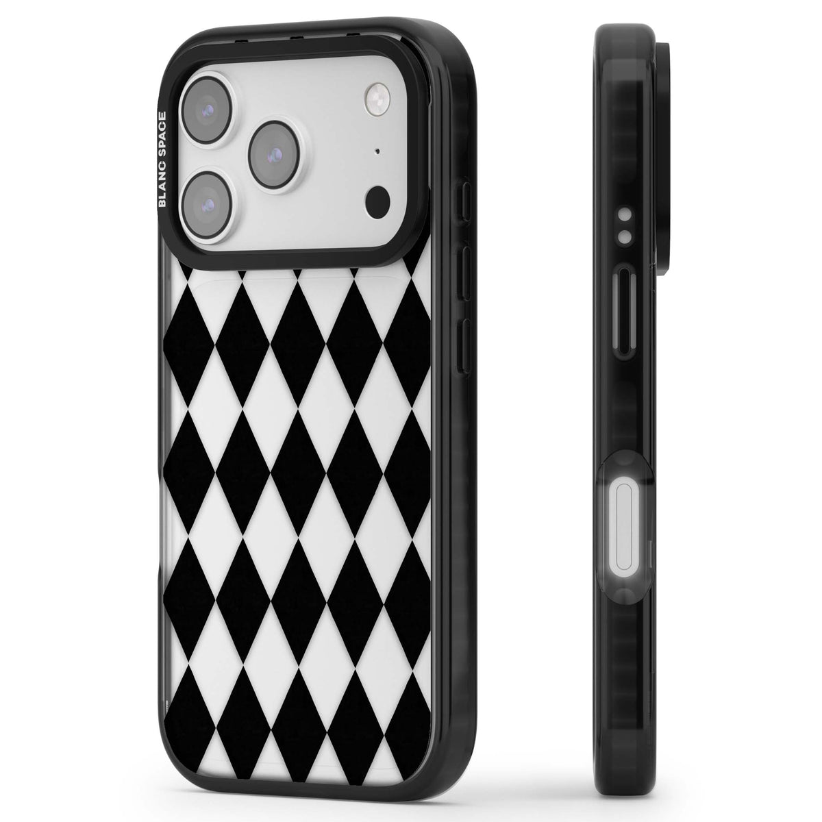 Black Diamonds monochrome iPhone case featuring black and white diamond checkered harlequin pattern | Clear Impact case for iPhone 17 Pro, iPhone 17 Pro Max