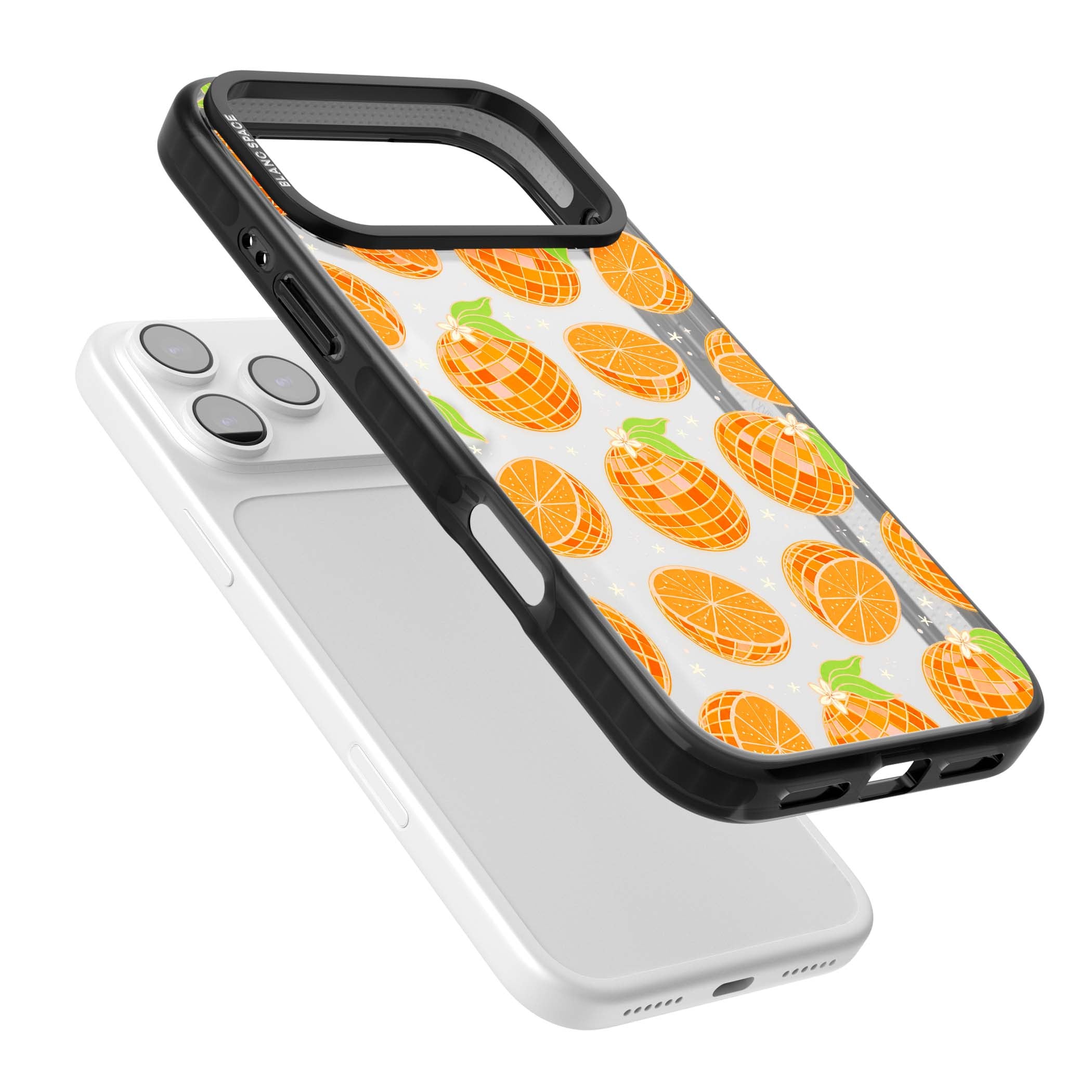 Disco Oranges retro iPhone case featuring mirrorball oranges, citrus slices and tiny blossoms on clear | Clear Impact case for iPhone 17 Pro, iPhone 17 Pro Max