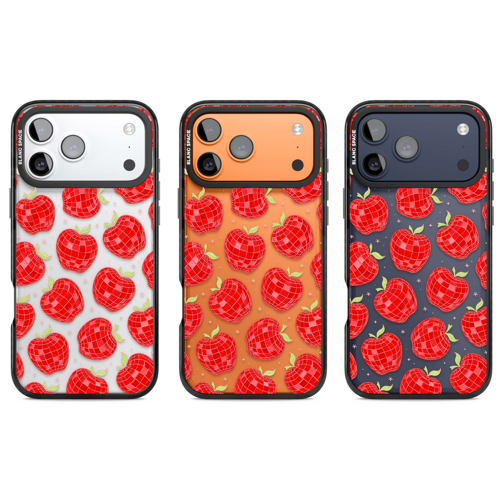 Disco Apples Y2K iPhone case featuring red disco ball apples, green leaves and pink sparkles on clear | Clear Impact case for iPhone 17 Pro, iPhone 17 Pro Max