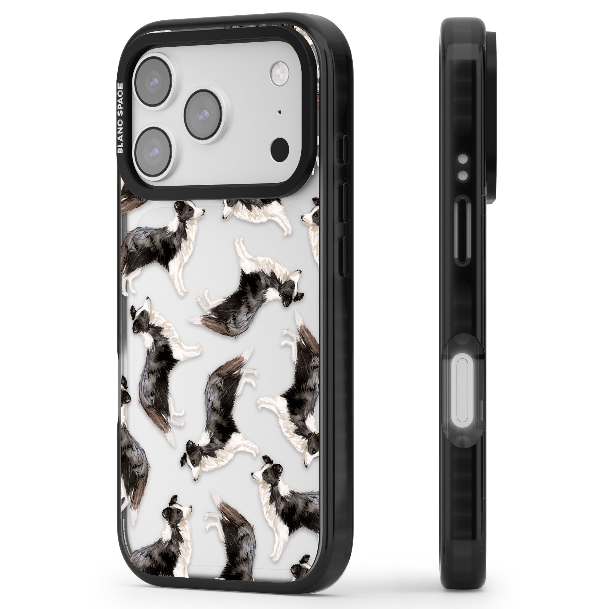 Border Collie Pattern Watercolour iPhone 17 Pro Impact Black Phone Case Side Profile