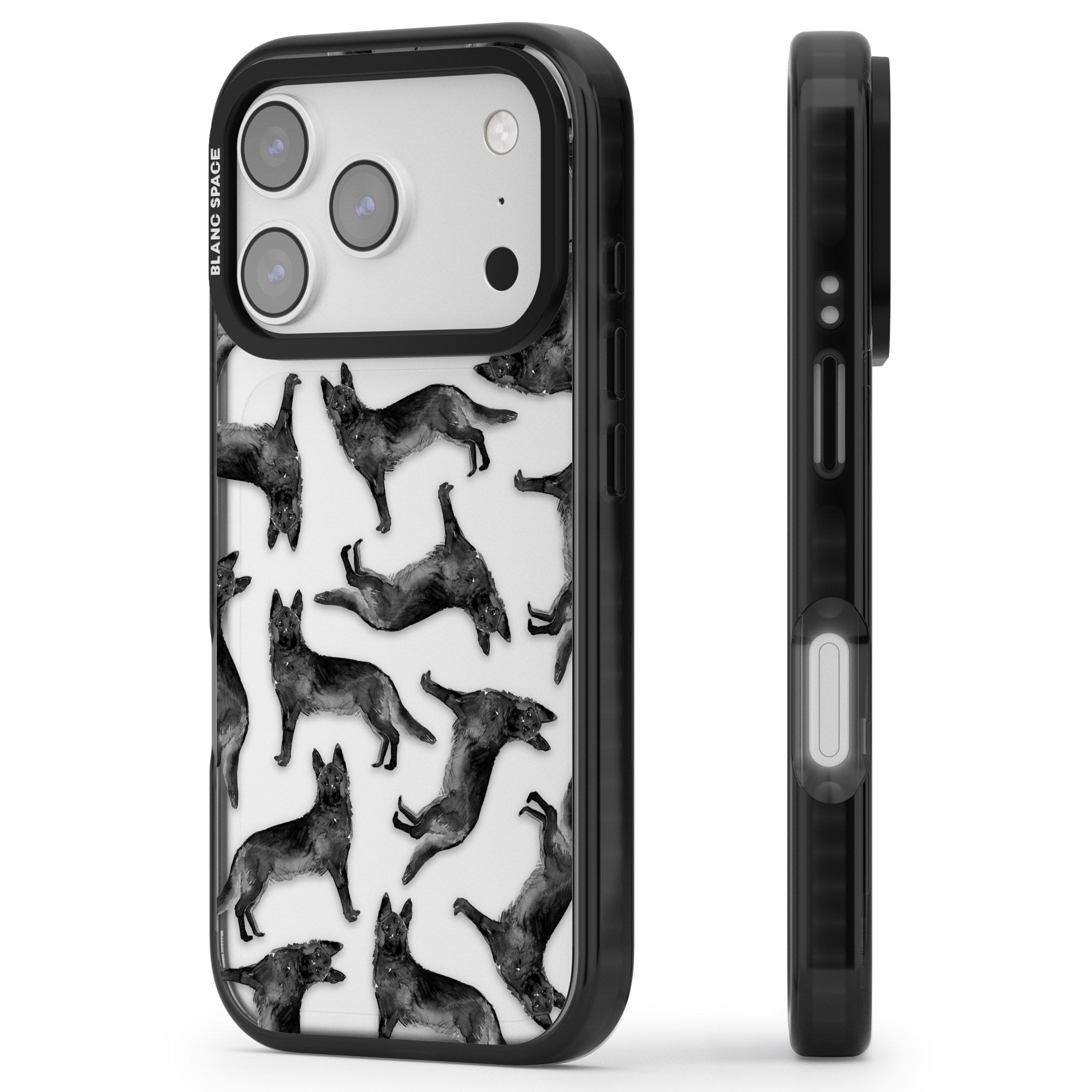German Shepherd Pattern Black iPhone 17 Pro Impact Black Phone Case Side Profile