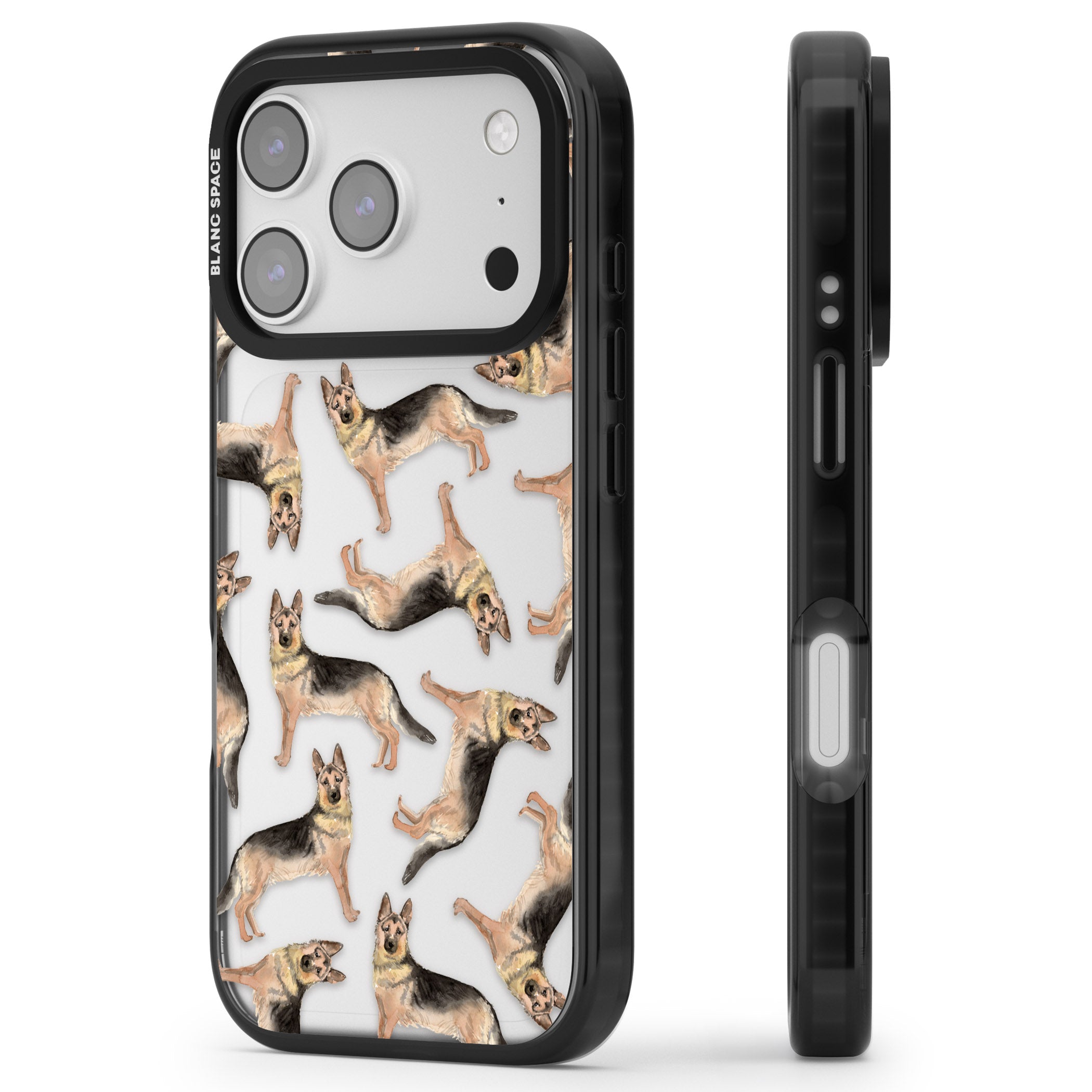 German Shepherd Pattern Classic iPhone 17 Pro Impact Black Phone Case Side Profile