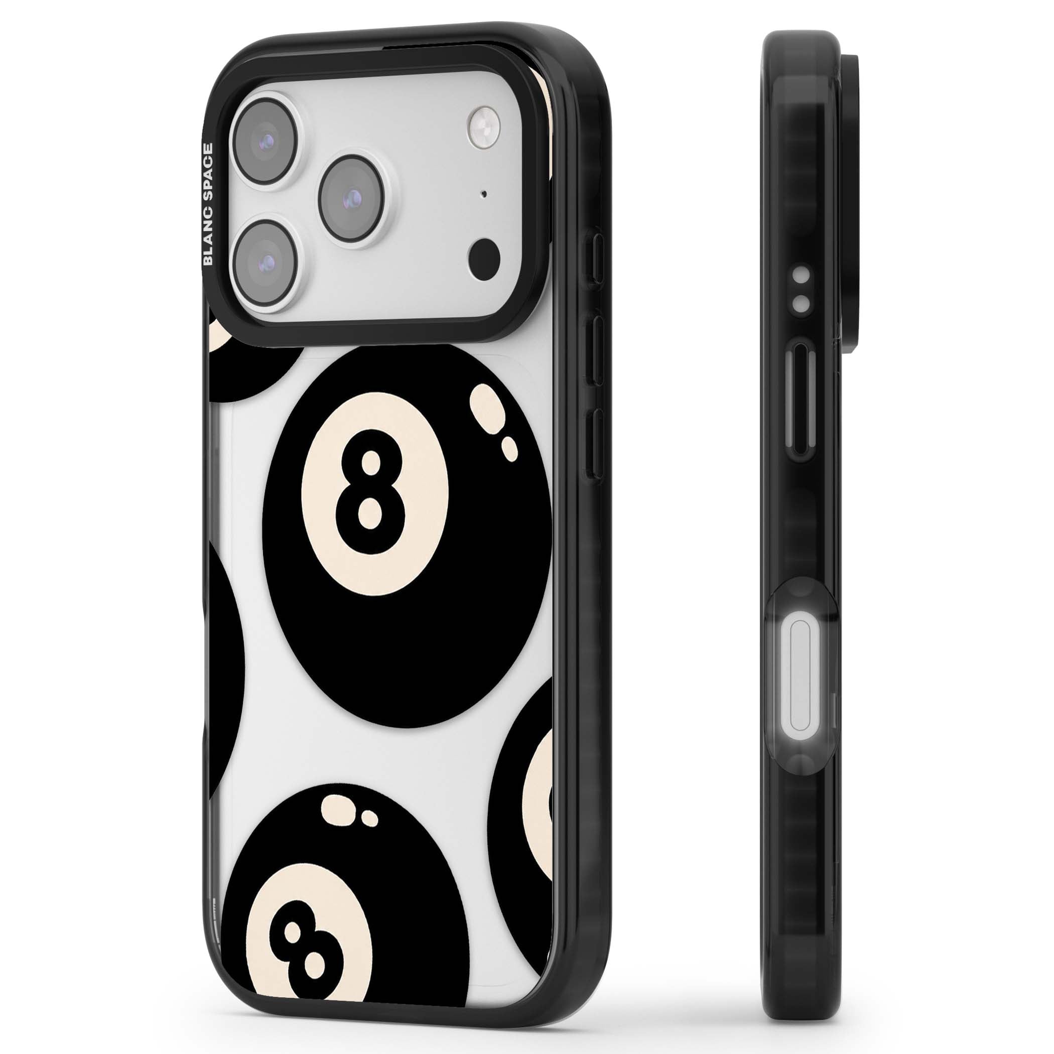 Eights y2k iPhone case featuring scattered black 8 balls with cream highlights on a clear background | Clear Impact case for iPhone 17 Pro, iPhone 17 Pro Max