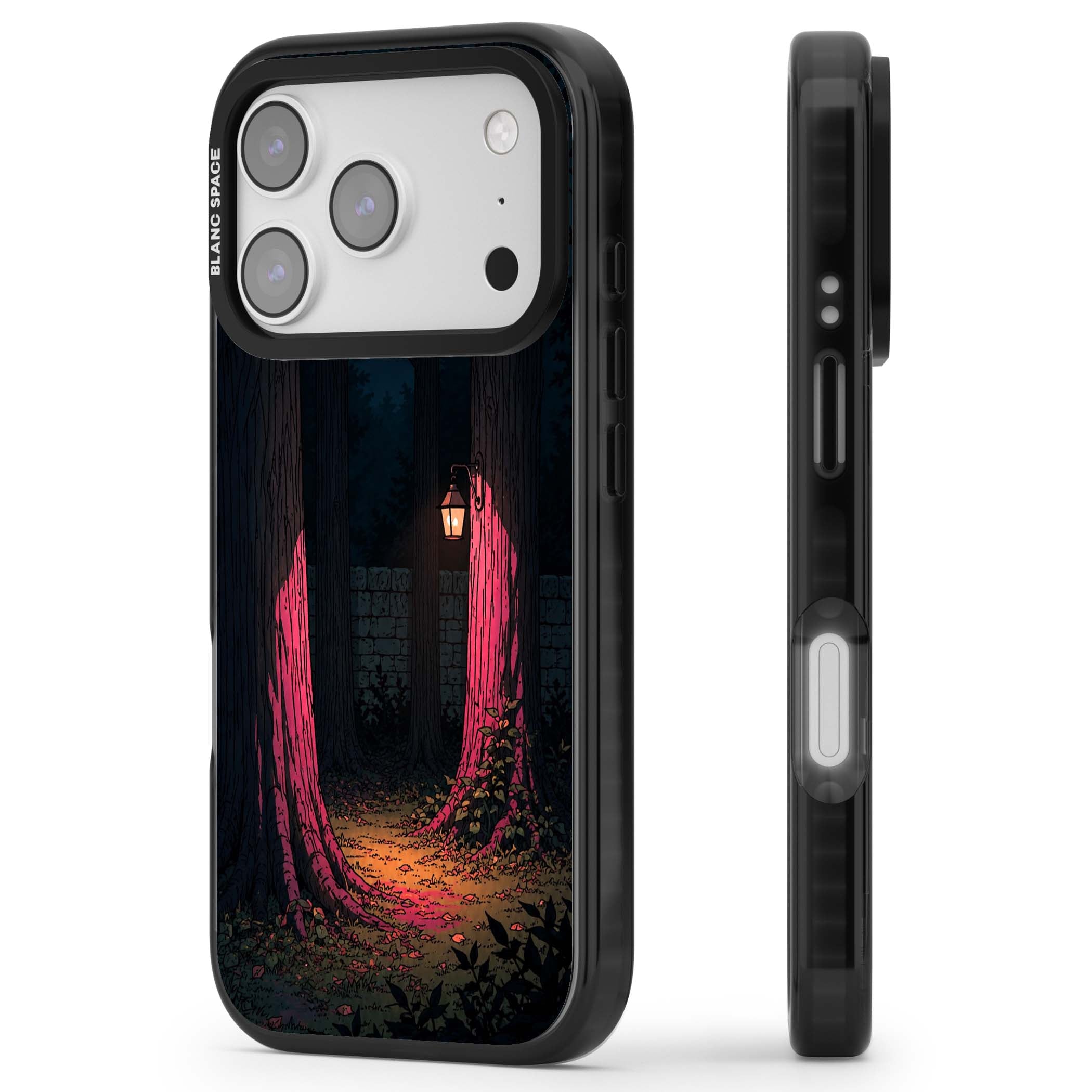 Forest Lantern dark academia iPhone case featuring a moonlit forest, glowing lantern, and stone wall pathway | Clear Impact case for iPhone 17 Pro, iPhone 17 Pro Max