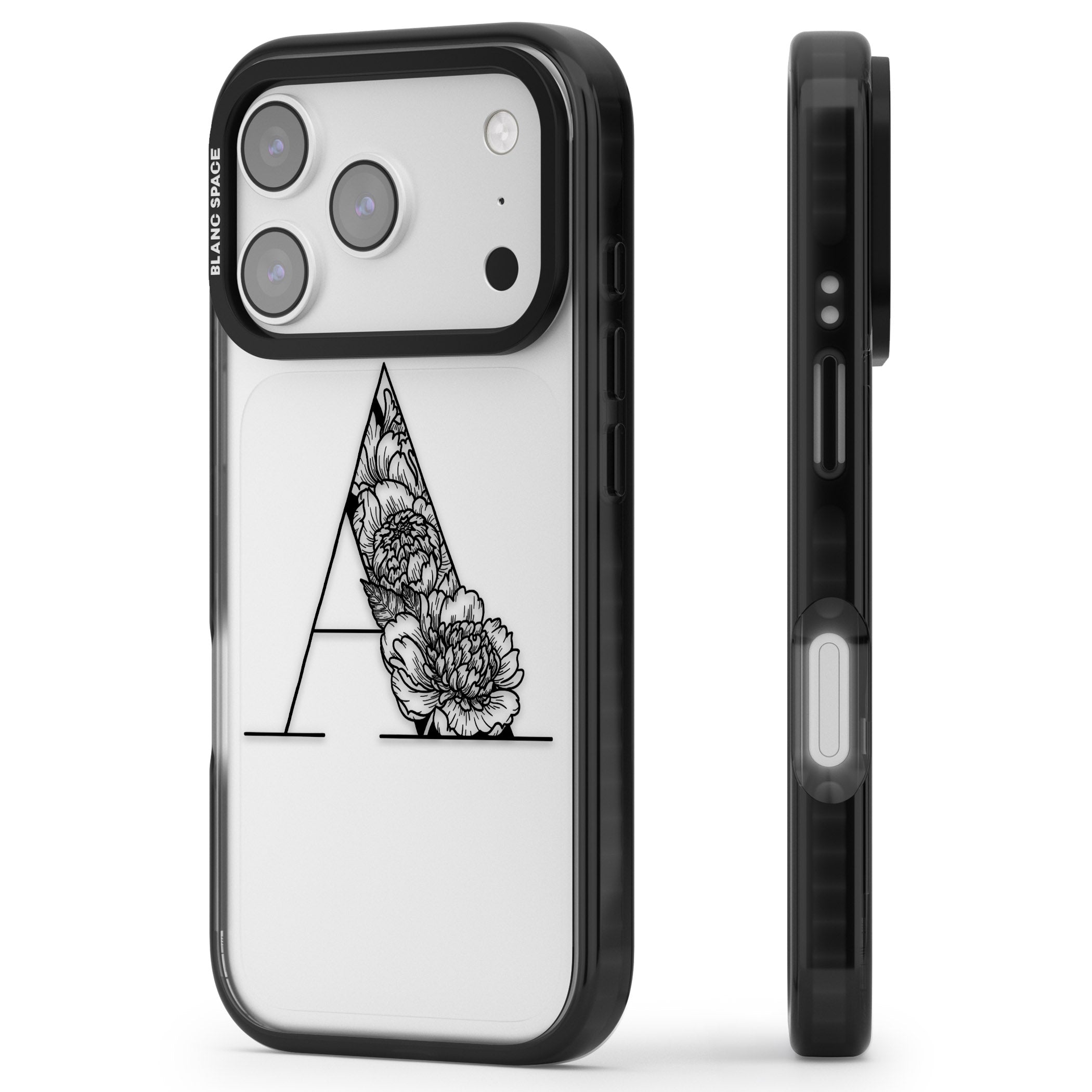 Personalised Floral Monogram iPhone 17 Pro Impact Black Phone Case Side Profile