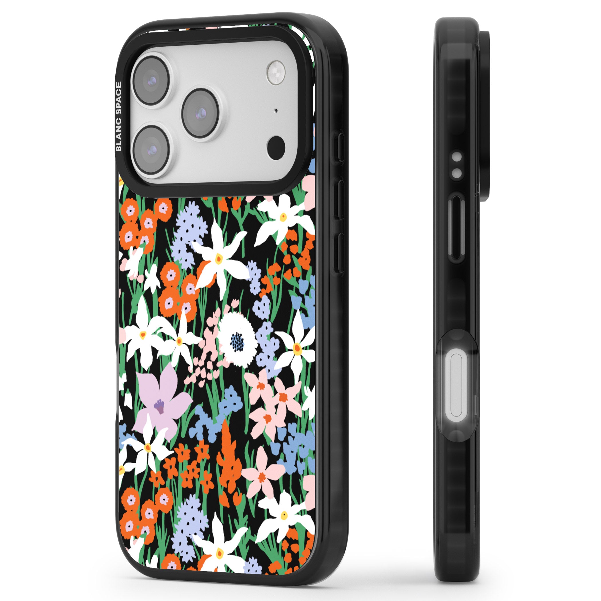 Floral Bloom Meadow Solid iPhone 17 Pro Impact Black Phone Case Side Profile