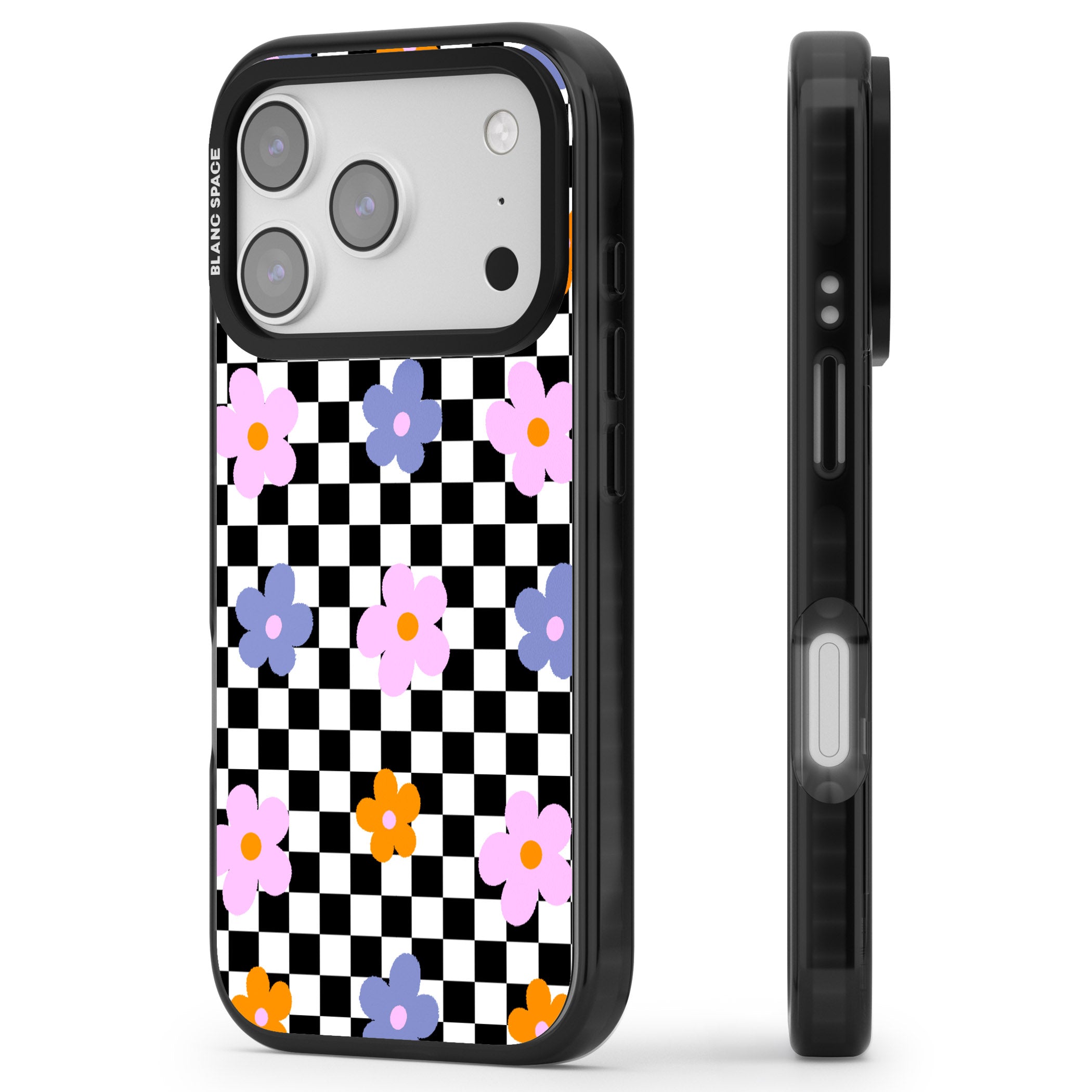 Checkered Blossom iPhone 17 Pro Impact Black Phone Case Side Profile
