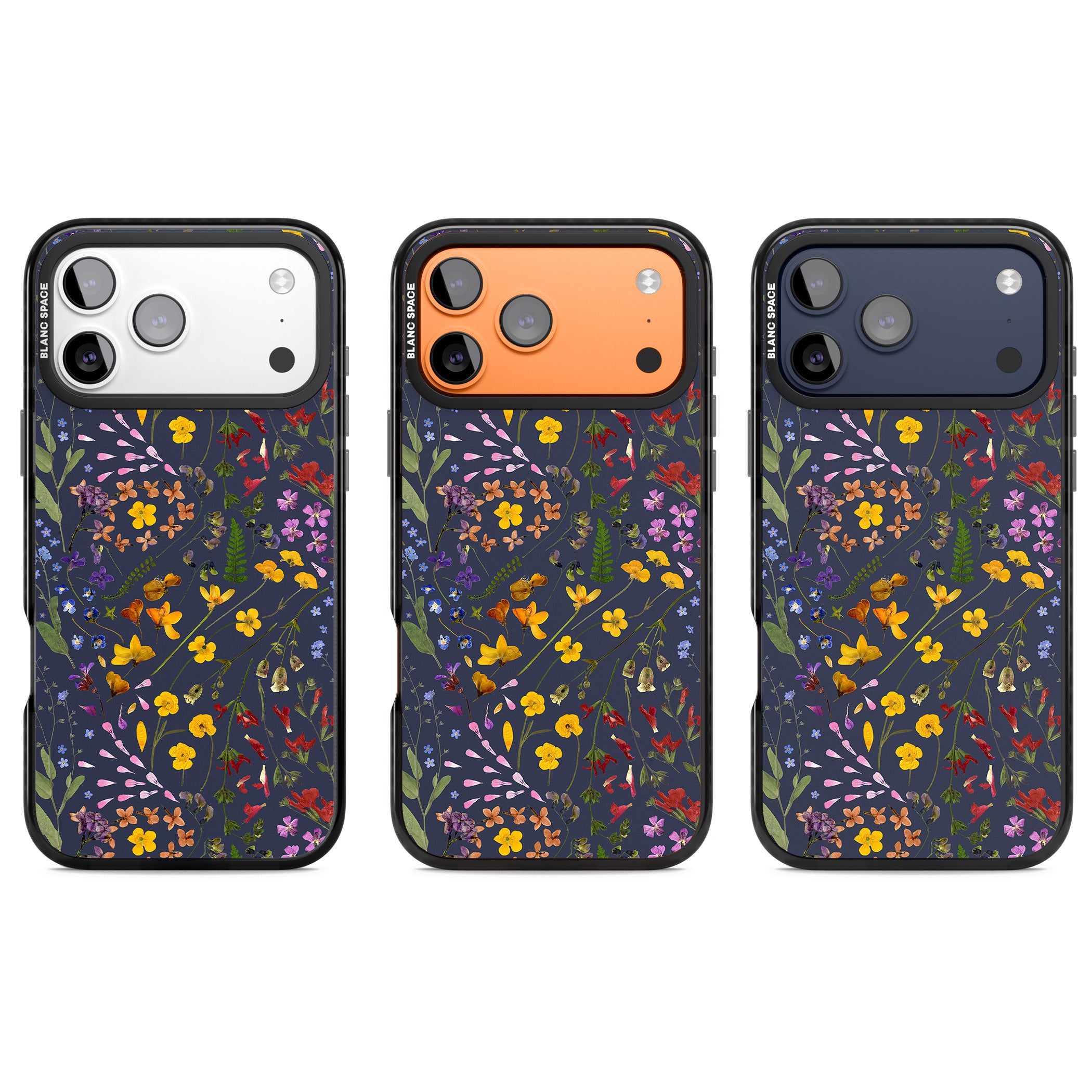 Wildflower Leaves Cluster Navy iPhone 17 Pro Impact Black Phone Case APT Impact Protection