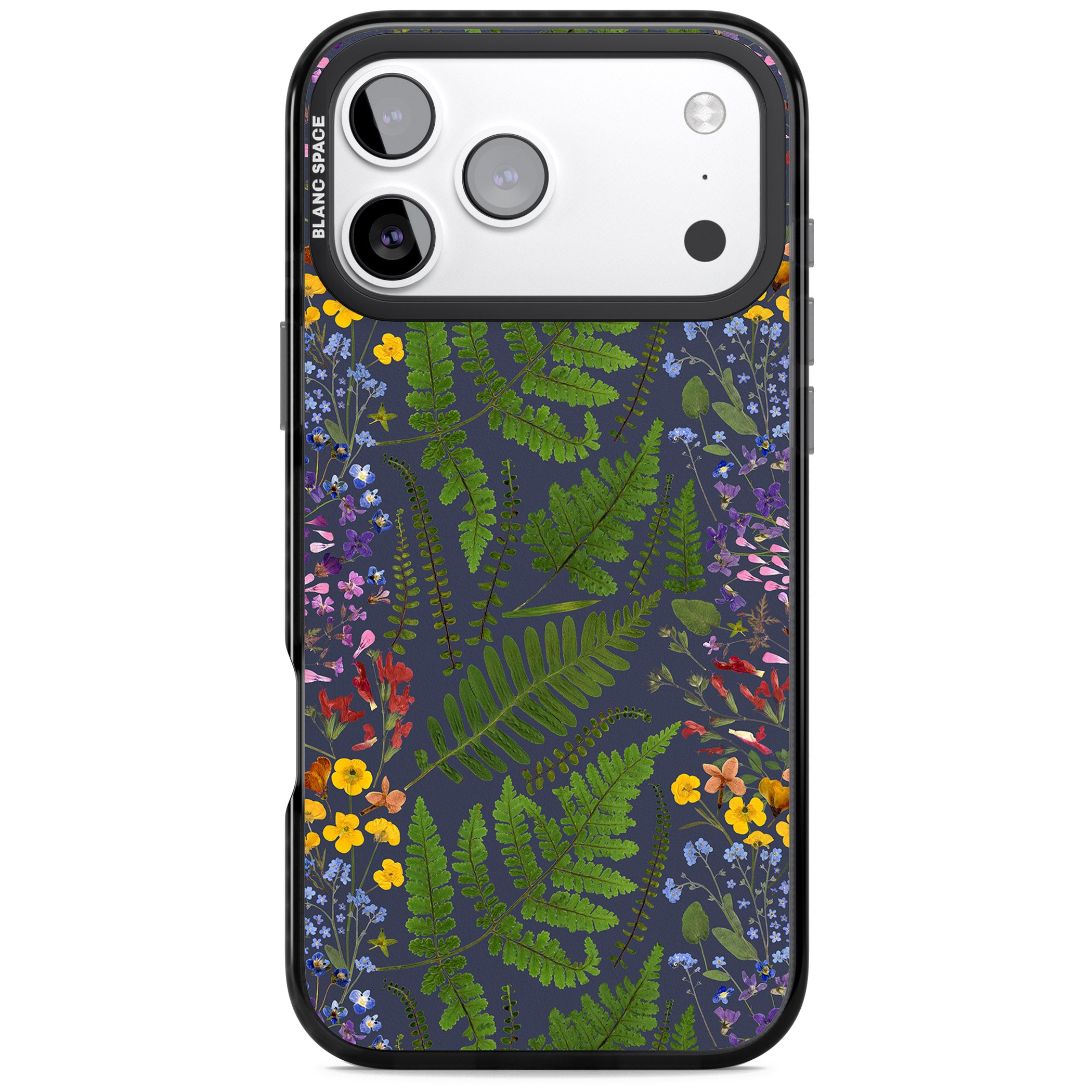 Busy Floral And Fern Design Navy iPhone 17 Pro Impact Black Phone Case