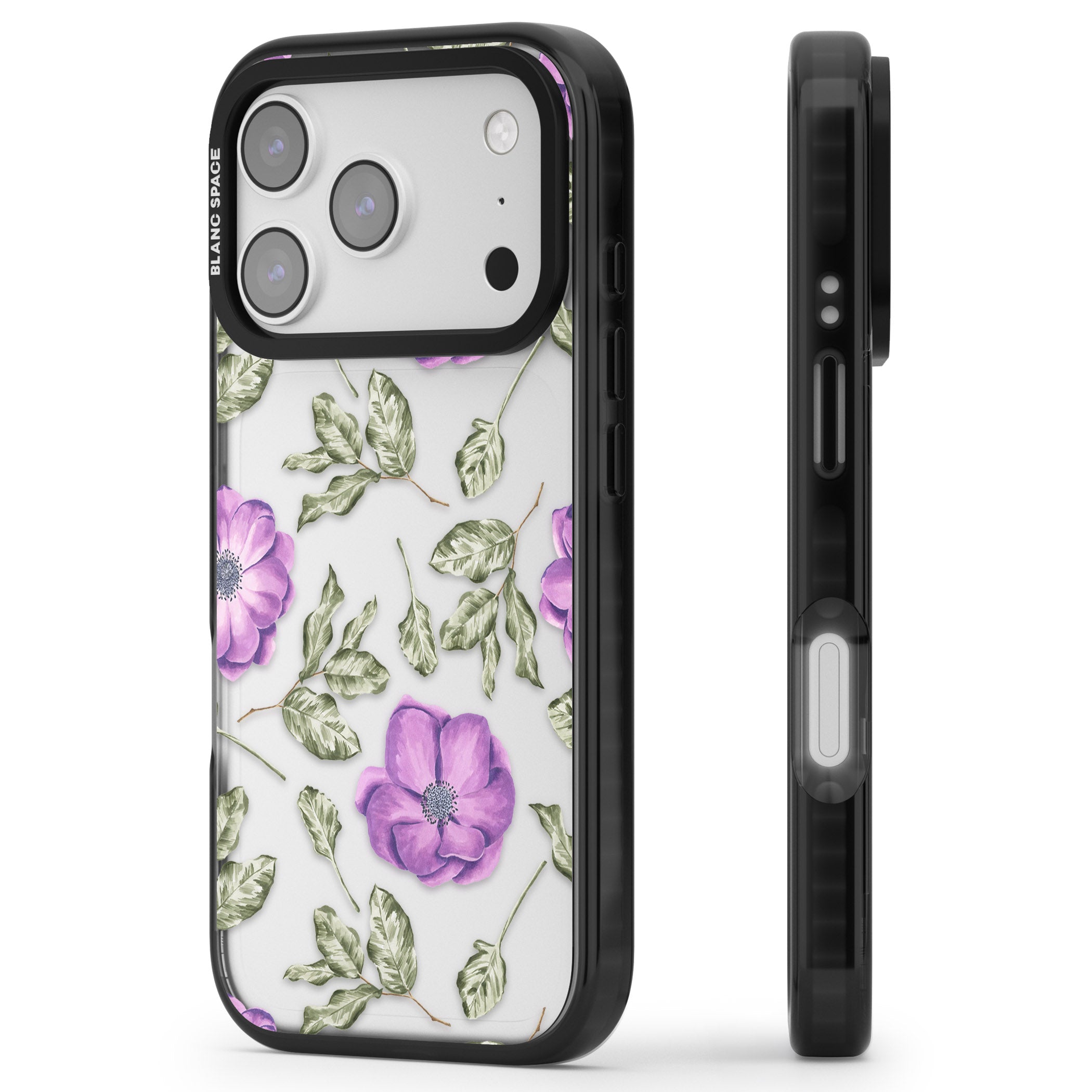 Purple Bloom Floral iPhone 17 Pro Impact Black Phone Case Side Profile