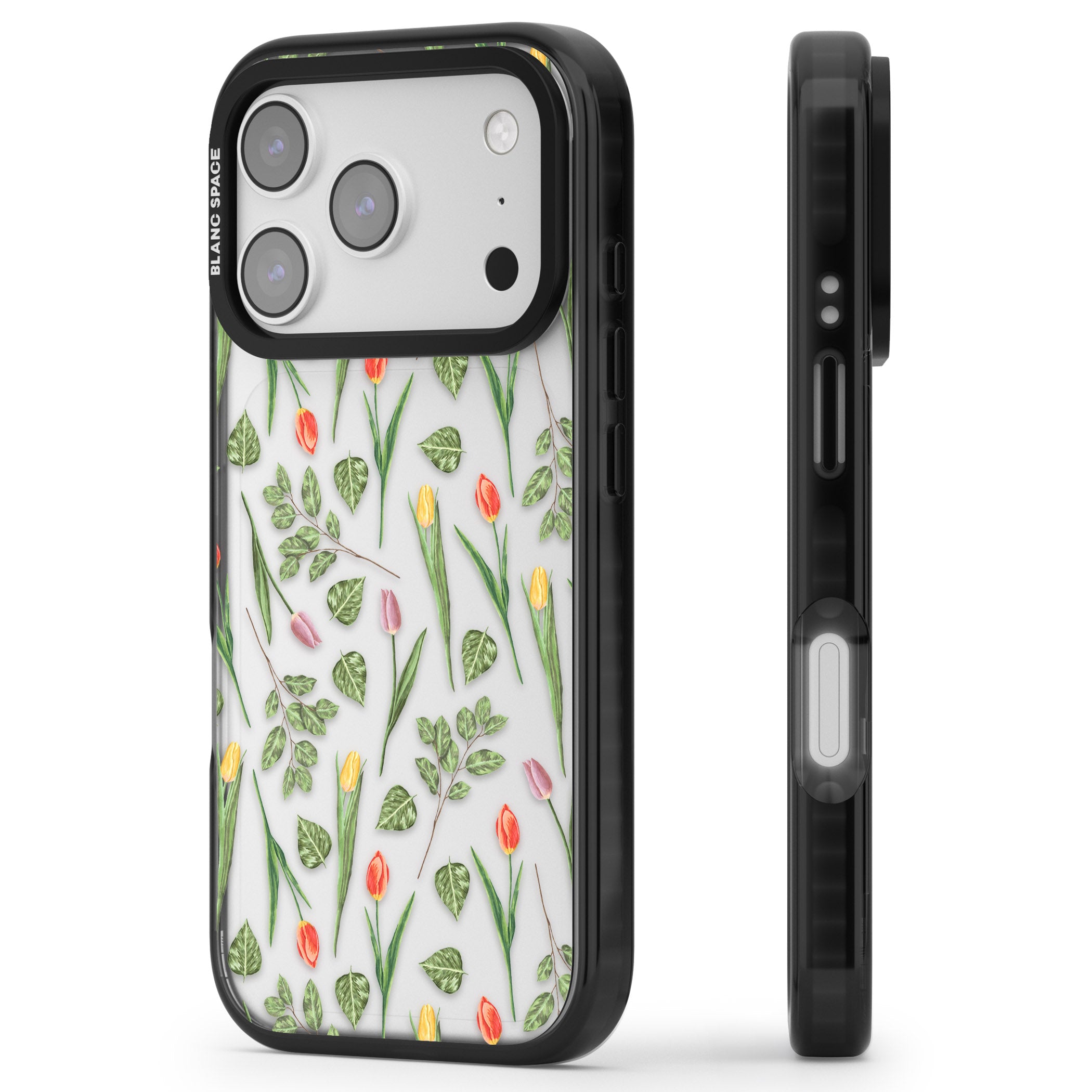 Spring Tulips Floral iPhone 17 Pro Impact Black Phone Case Side Profile