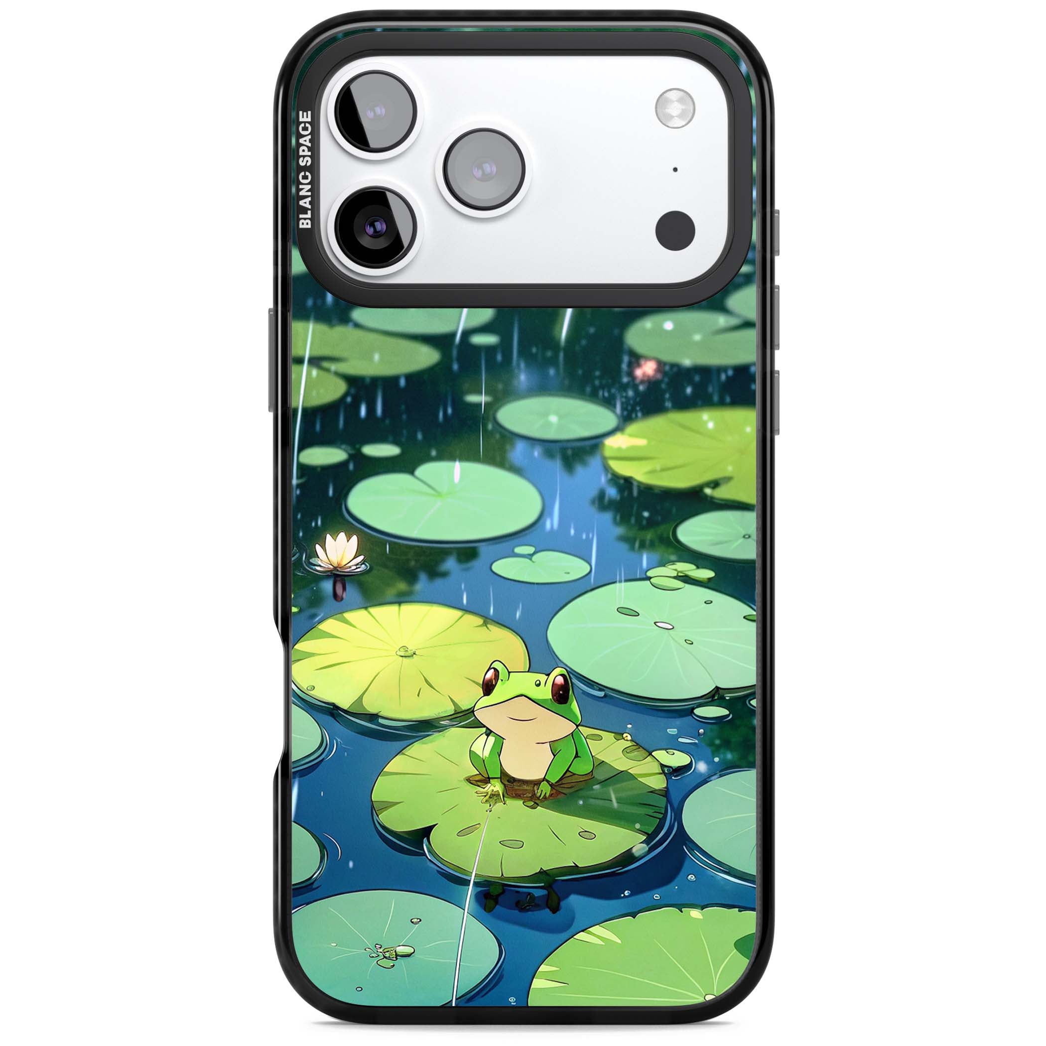 Frog In Lily Pond cottagecore iPhone case featuring a cute green frog on a lily pad with falling rain and a lotus flower | Clear Impact case for iPhone 17 Pro, iPhone 17 Pro Max