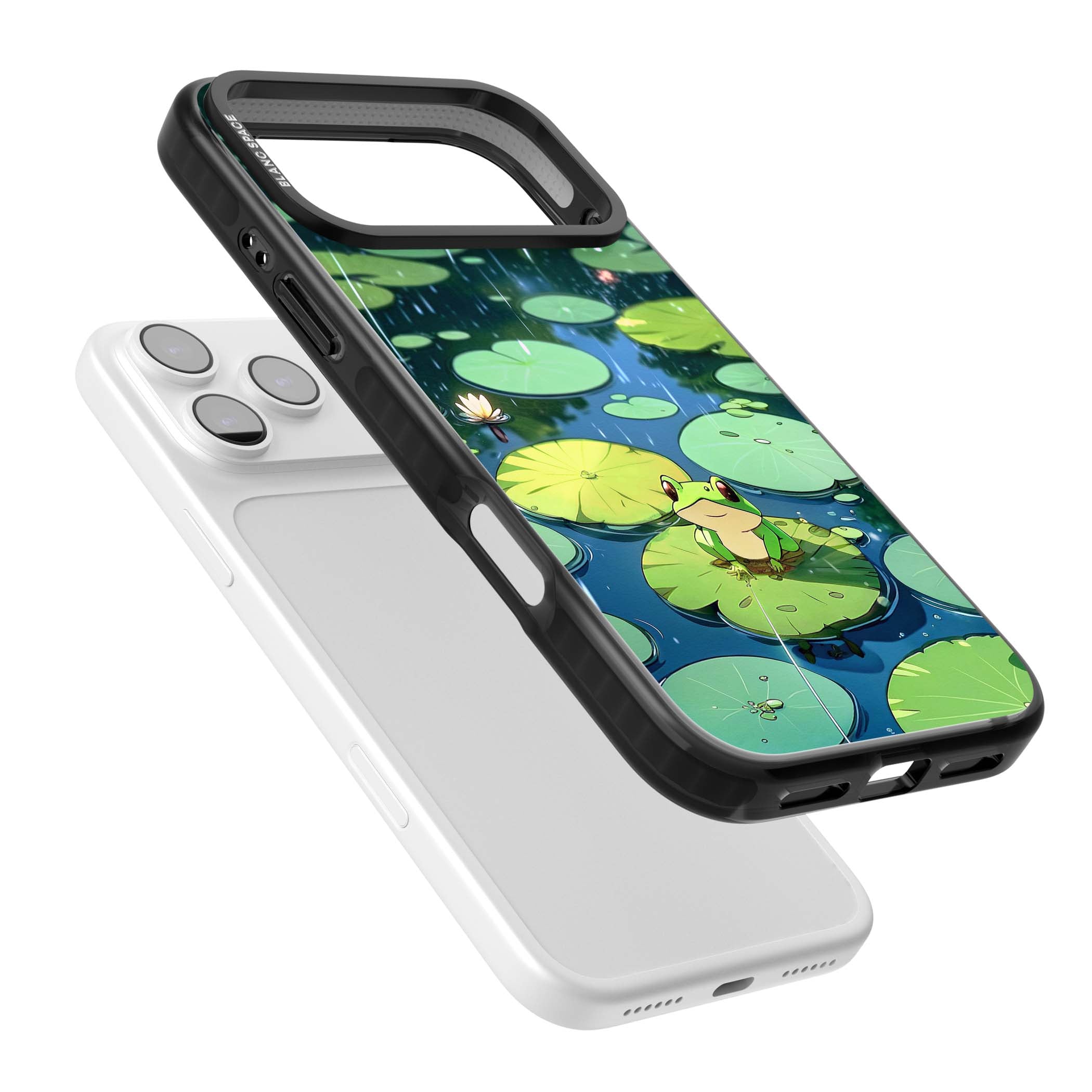 Frog In Lily Pond cottagecore iPhone case featuring a cute green frog on a lily pad with falling rain and a lotus flower | Clear Impact case for iPhone 17 Pro, iPhone 17 Pro Max