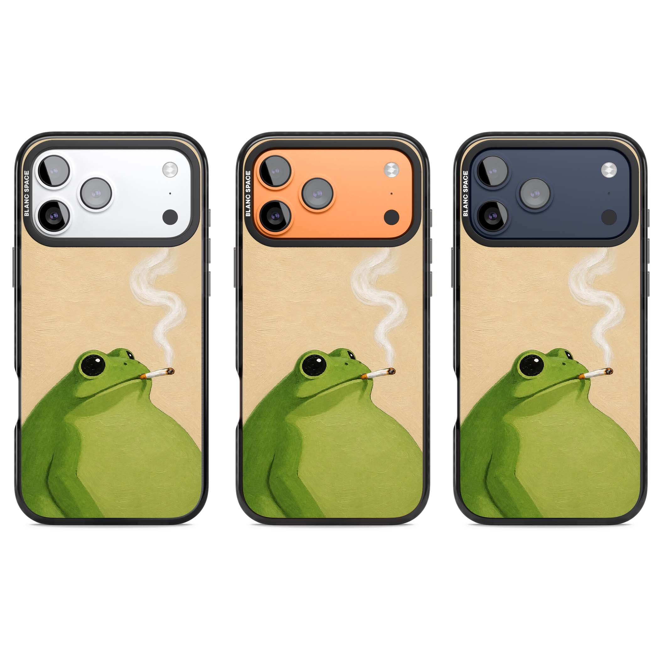 The Smoking Frog cottagecore iPhone case featuring a hand-painted green frog smoking a cigarette on a cream oil painting back | Clear Impact case for iPhone 17 Pro, iPhone 17 Pro Max