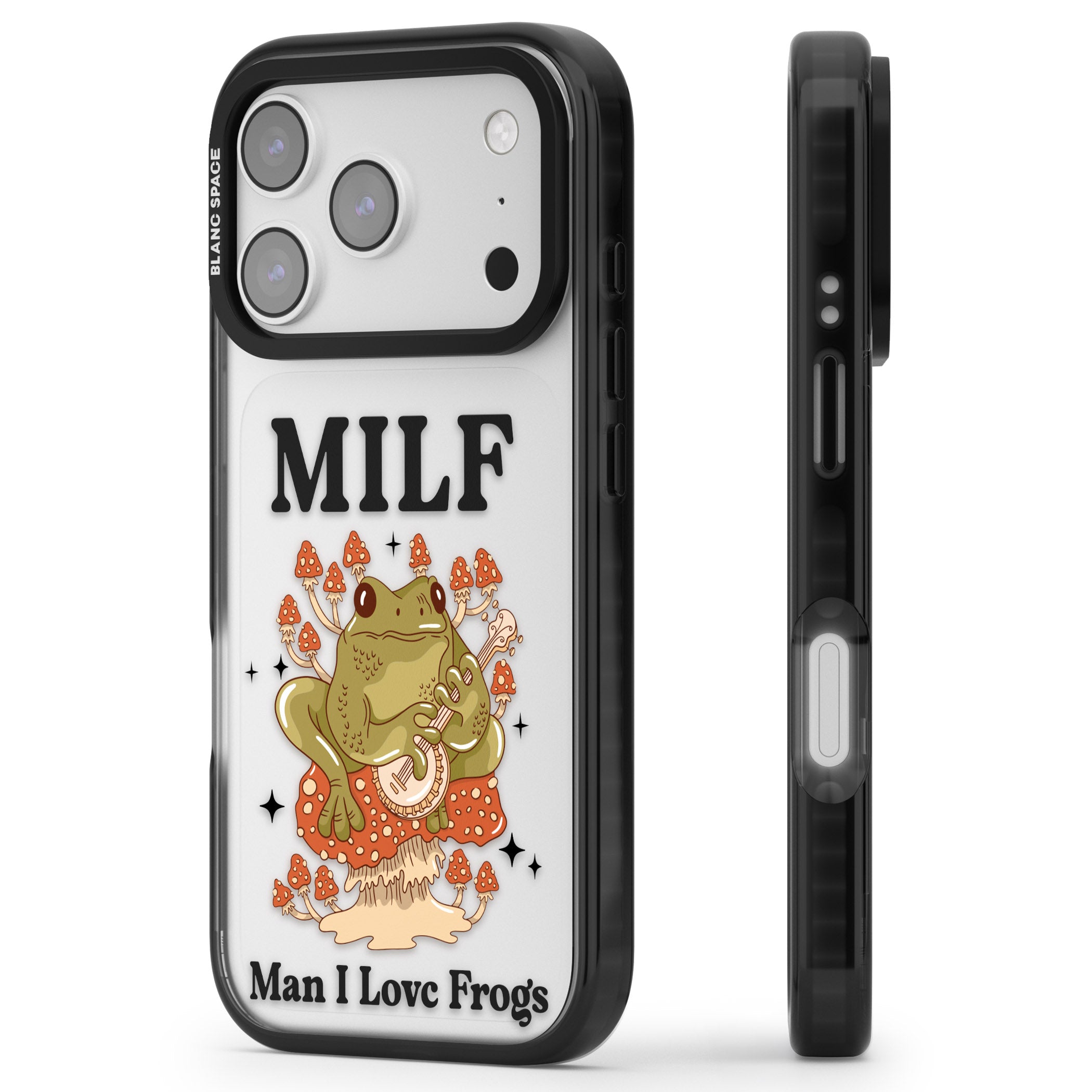 Man I Love Frogs iPhone 17 Pro Impact Black Phone Case Side Profile