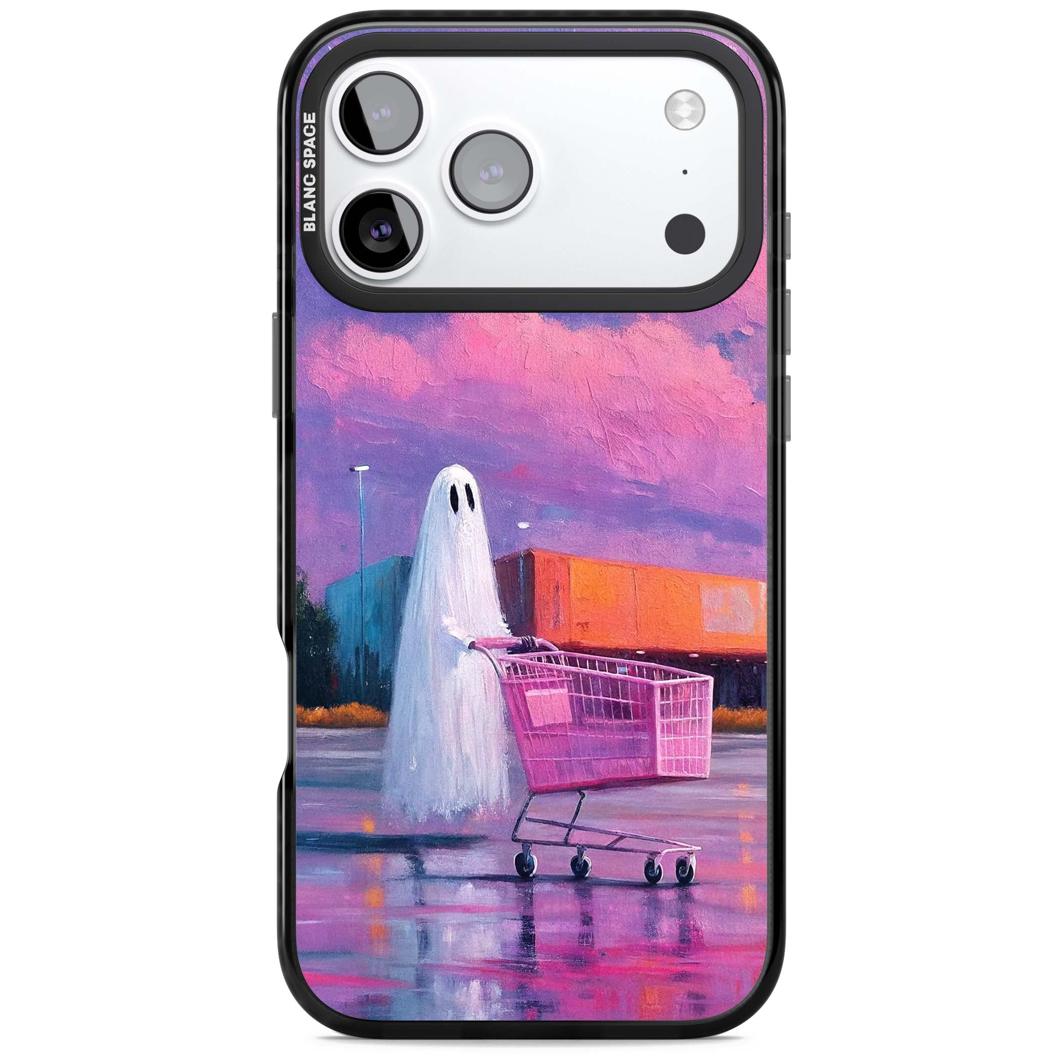 A Ghost's Errand ghost halloween iPhone case featuring a painted ghost, pink shopping trolley and purple sunset sky | Clear Impact case for iPhone 17 Pro, iPhone 17 Pro Max