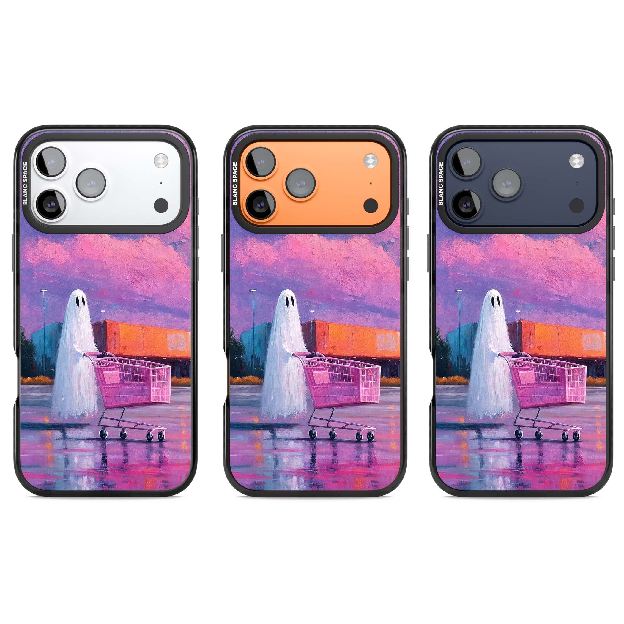A Ghost's Errand ghost halloween iPhone case featuring a painted ghost, pink shopping trolley and purple sunset sky | Clear Impact case for iPhone 17 Pro, iPhone 17 Pro Max