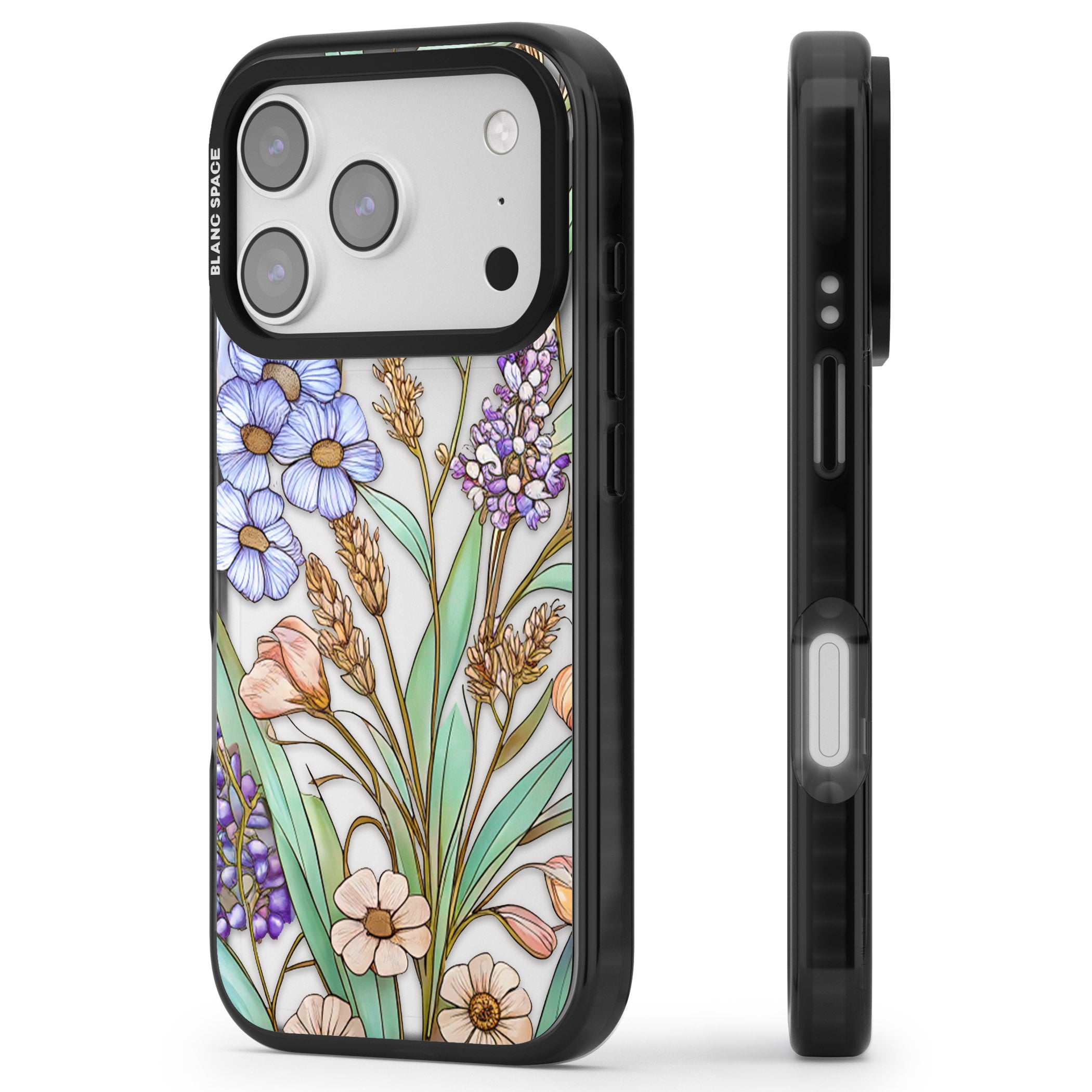 Glass Lavenders & Daisies iPhone 17 Pro Impact Black Phone Case Side Profile