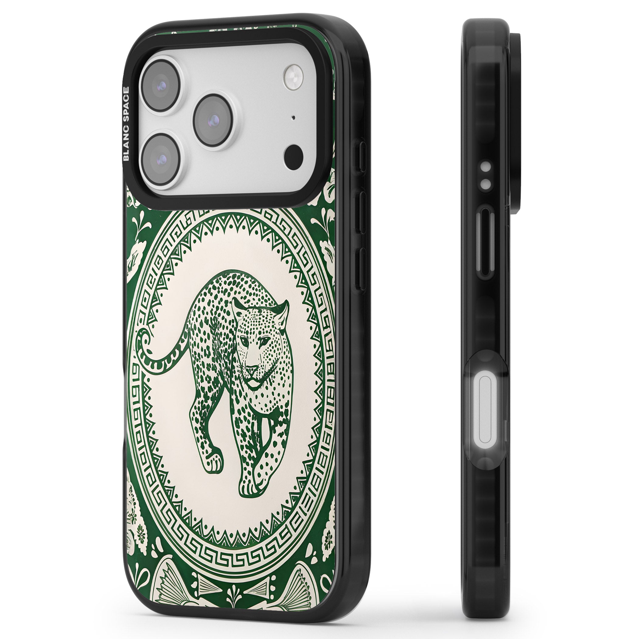 Green Leopard iPhone 17 Pro Impact Black Phone Case Side Profile