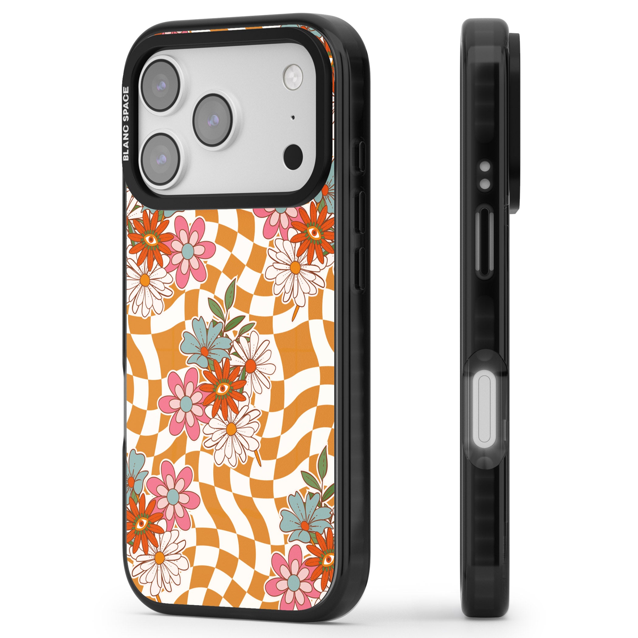 Wavy Checked Bloom iPhone 17 Pro Impact Black Phone Case Side Profile