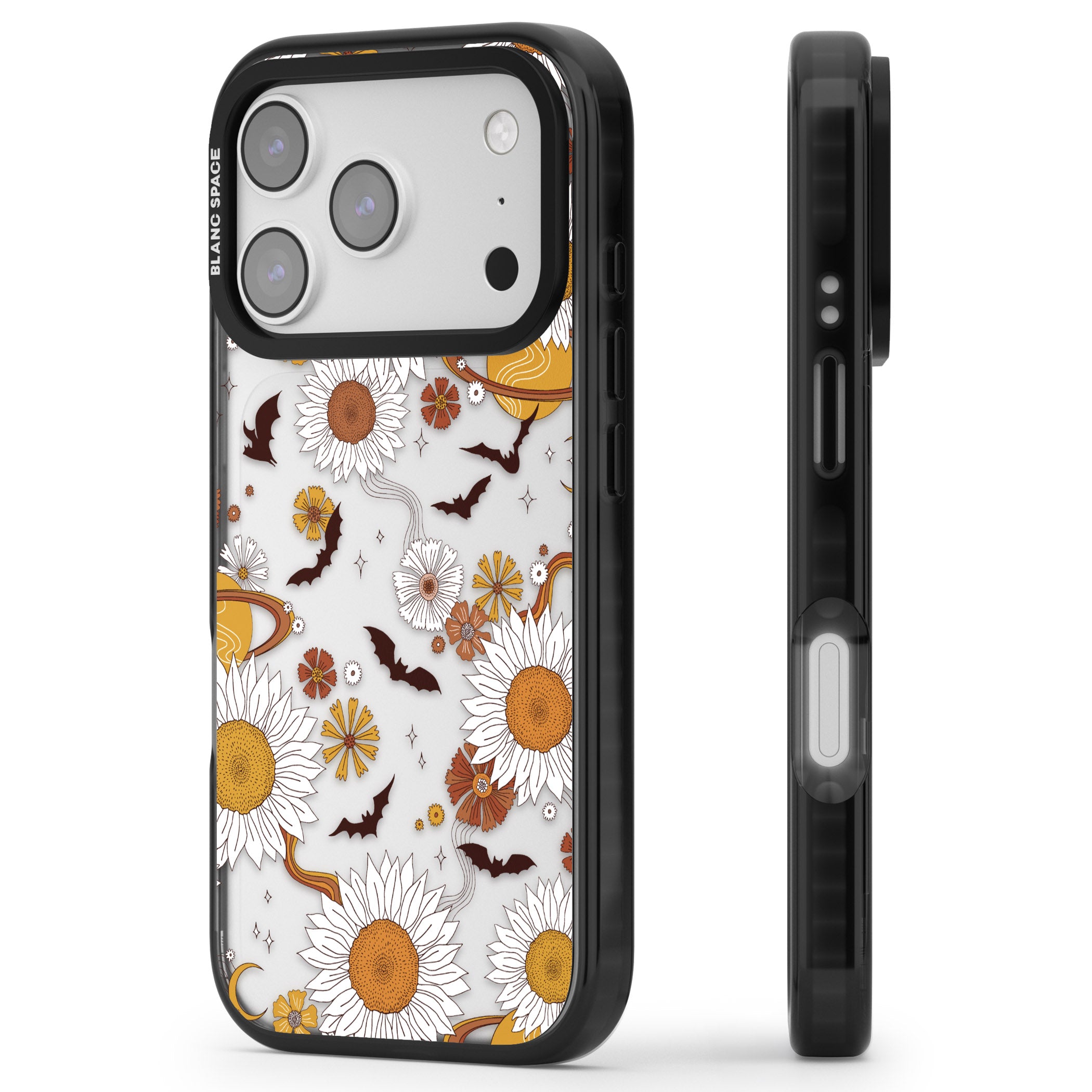 Halloween Bats And Planets iPhone 17 Pro Impact Black Phone Case Side Profile