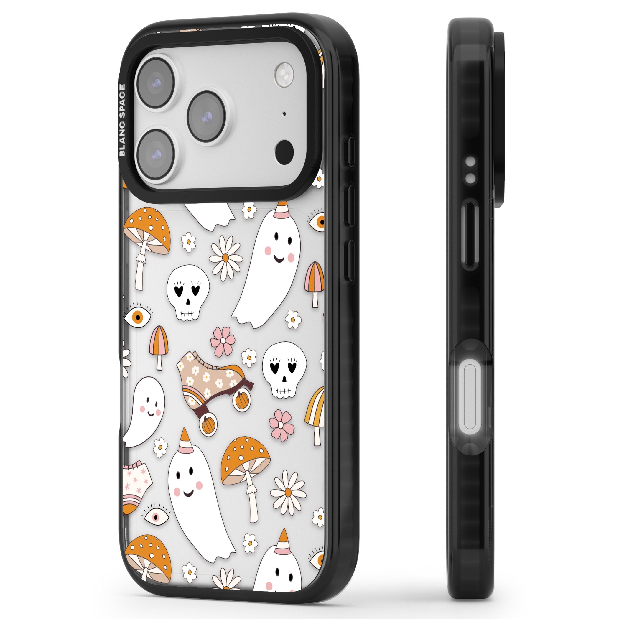 Cute Ghost And Skulls Pattern iPhone 17 Pro Impact Black Phone Case Side Profile