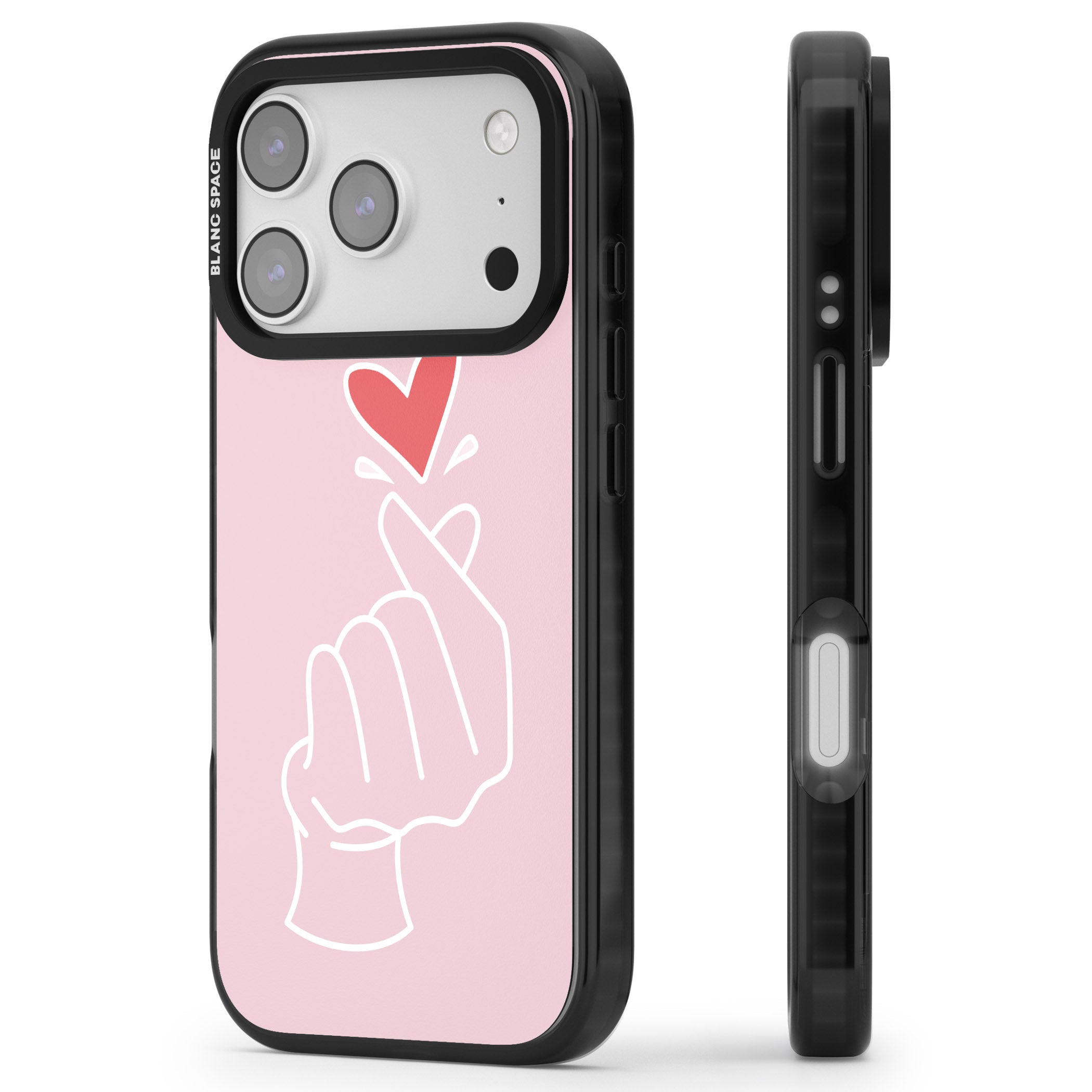 Pink Heart Hand iPhone 17 Pro Impact Black Phone Case Side Profile
