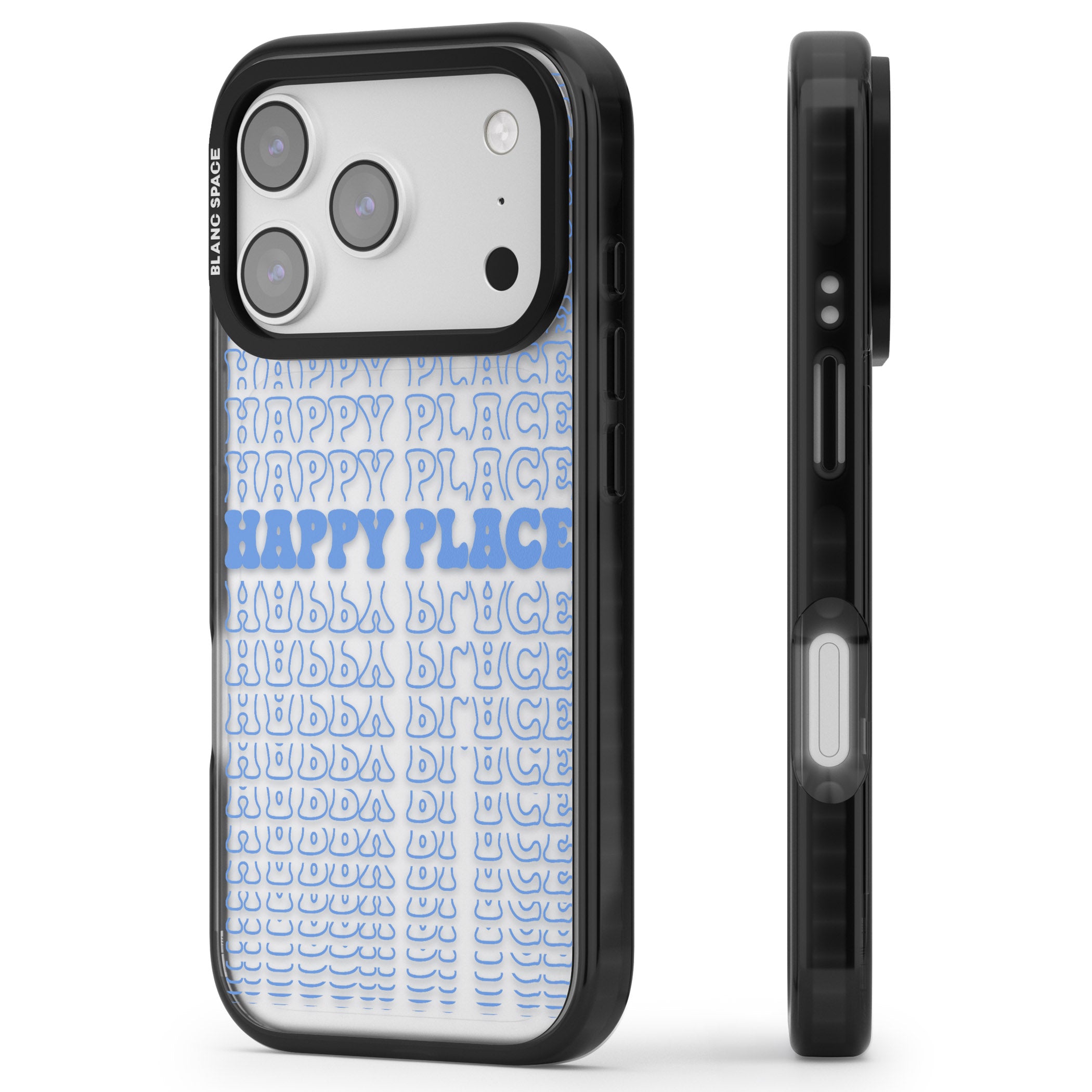 Happy Place (Blue) iPhone 17 Pro Impact Black Phone Case Side Profile
