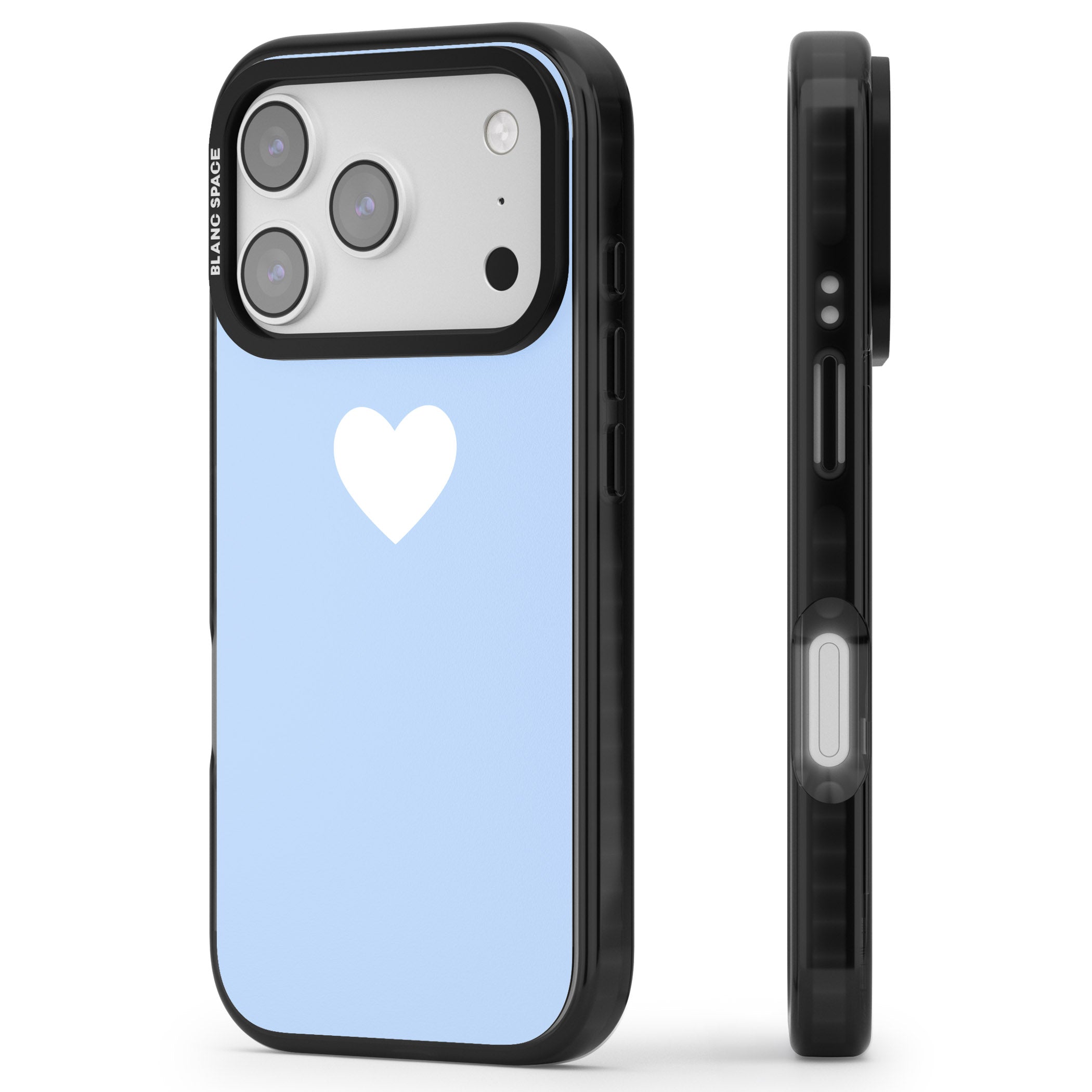 Single Heart Design: White & Baby Blue iPhone 17 Pro Impact Black Phone Case Side Profile