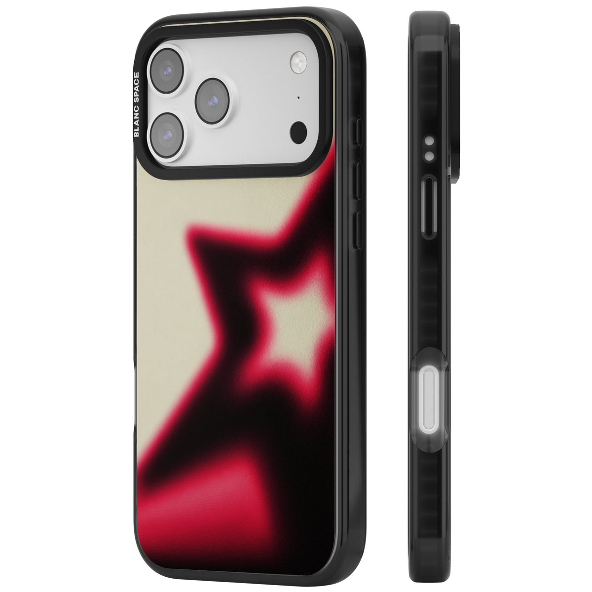 Rouge Y2K iPhone case featuring a blurred aura star in hot pink and black on a soft cream background iPhone 17 Pro Max Impact Black Phone Case side