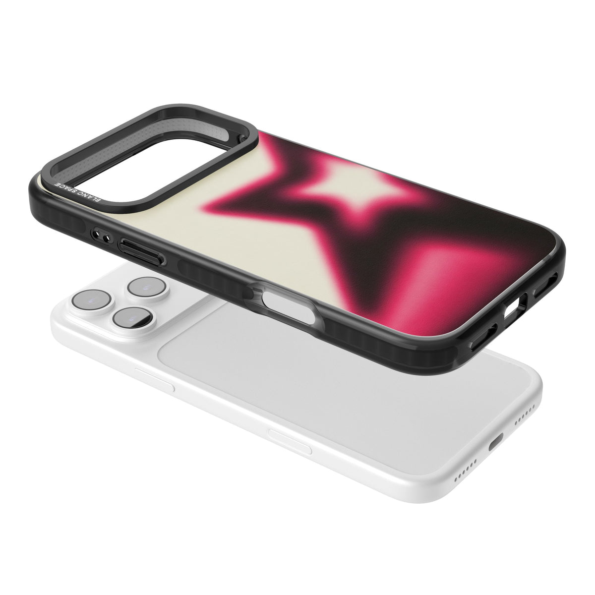 Rouge Y2K iPhone case featuring a blurred aura star in hot pink and black on a soft cream background iPhone 17 Pro Max Impact Black Phone Case angled