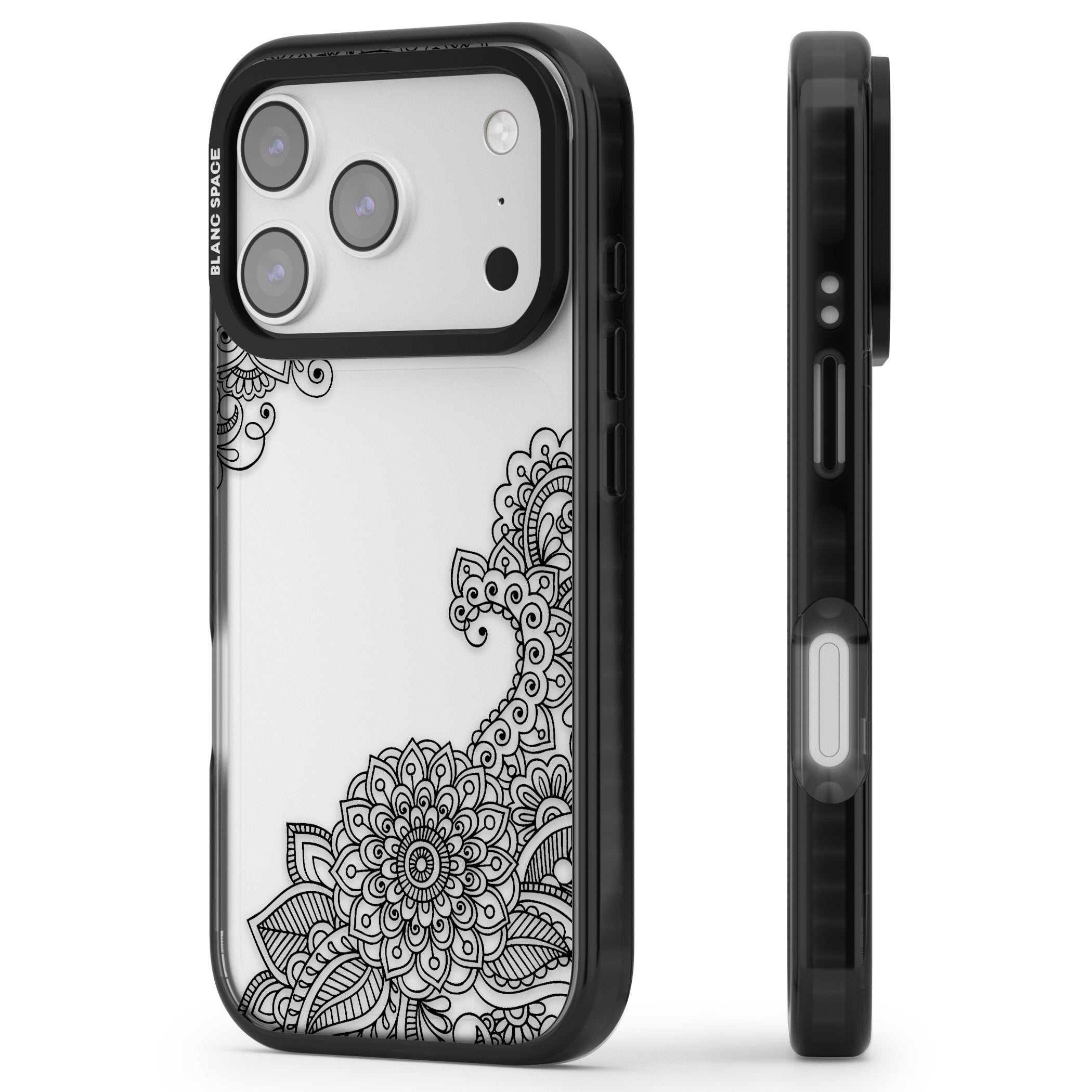 Black Henna Botanicals iPhone 17 Pro Impact Black Phone Case Side Profile