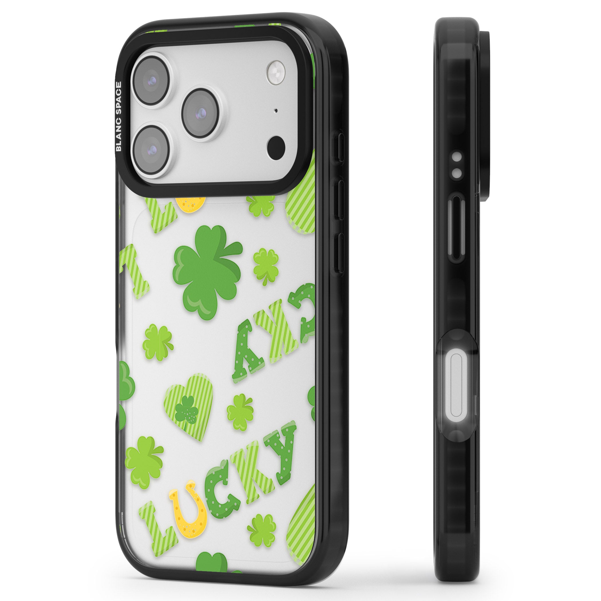Lucky Irish Clover iPhone 17 Pro Impact Black Phone Case Side Profile