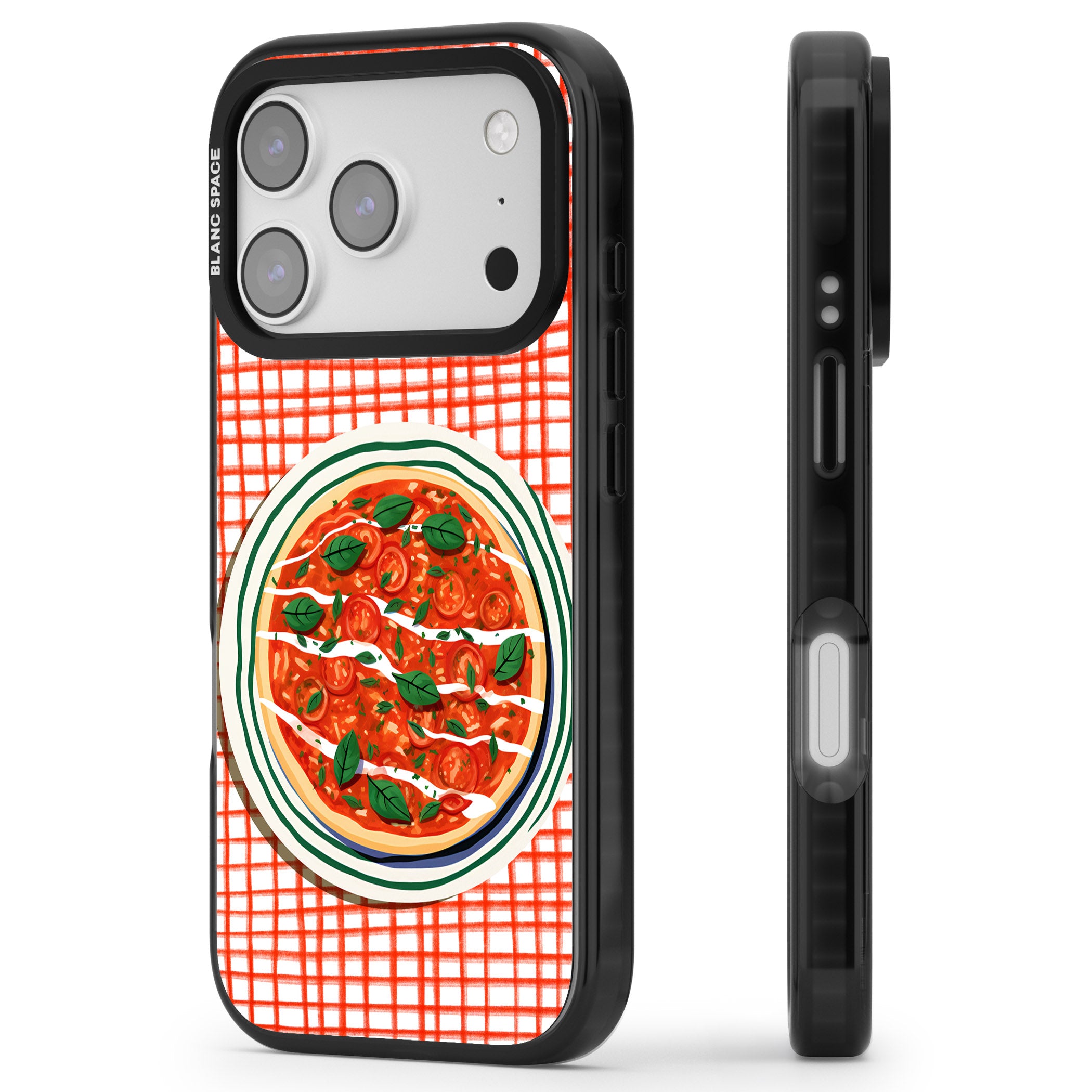 Margherita On Red Check iPhone 17 Pro Impact Black Phone Case Side Profile