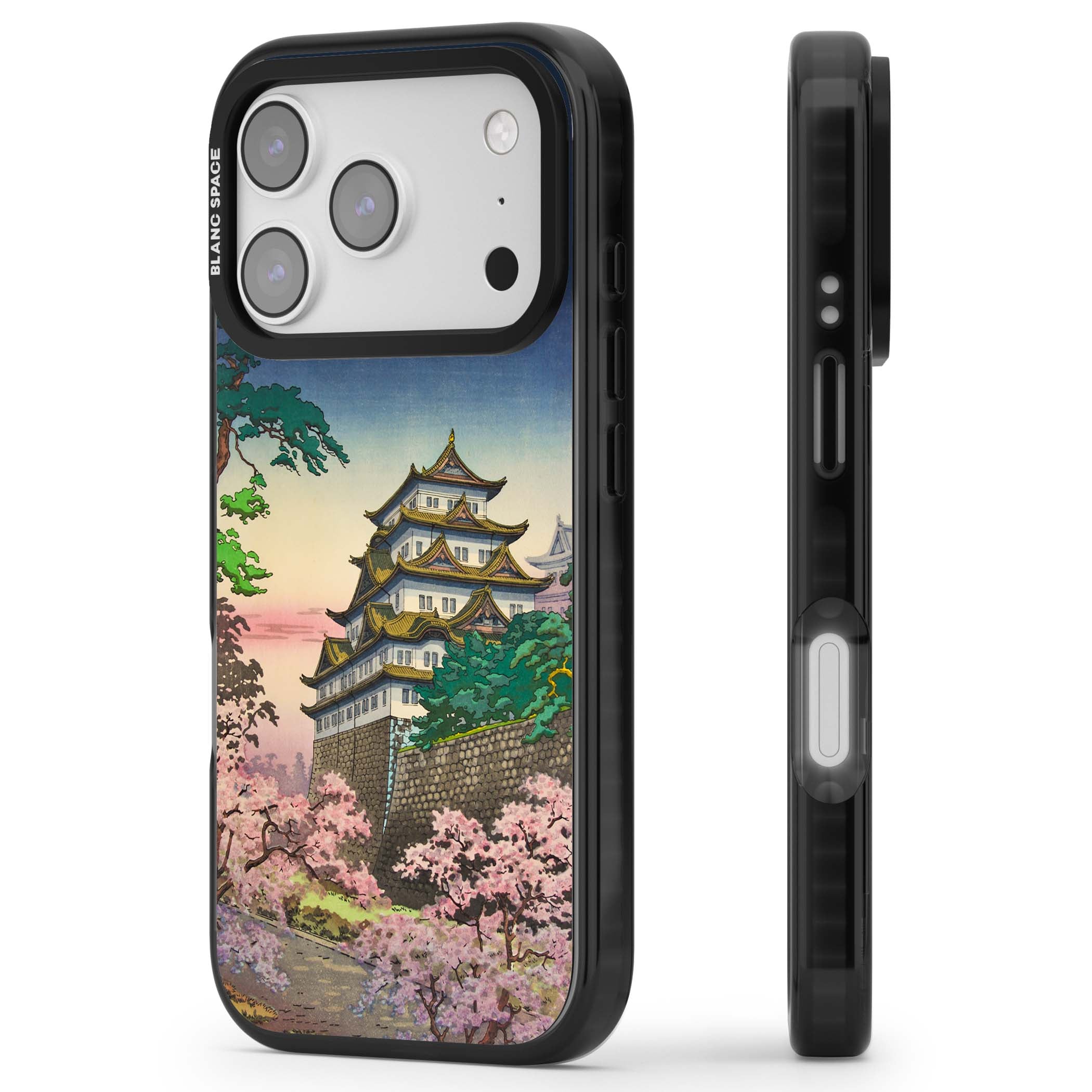 Nagoya Castle Japanese iPhone case featuring a vintage pagoda, twilight sky and cherry blossom trees | Clear Impact case for iPhone 17 Pro, iPhone 17 Pro Max