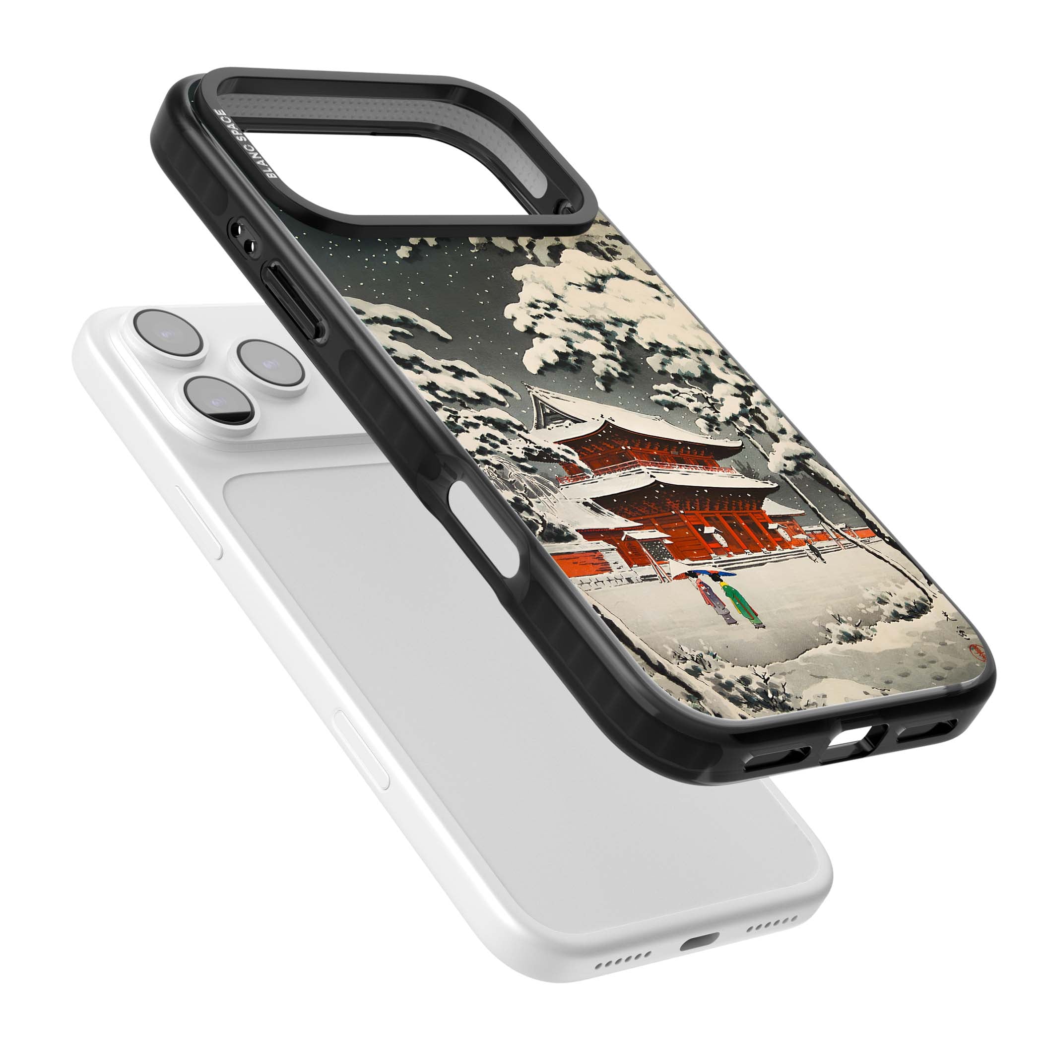 Snow at Shiha Park, Tokyo Japanese art iPhone case featuring a vintage ukiyo-e snowy temple, red pagoda, and snow-covered pin | Clear Impact case for iPhone 17 Pro, iPhone 17 Pro Max