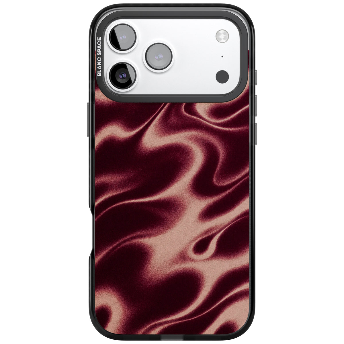 Merlot Sand abstract iPhone case featuring burgundy liquid satin waves, rose-gold highlights and silky folds iPhone 17 Pro Max Impact Black Phone Case front