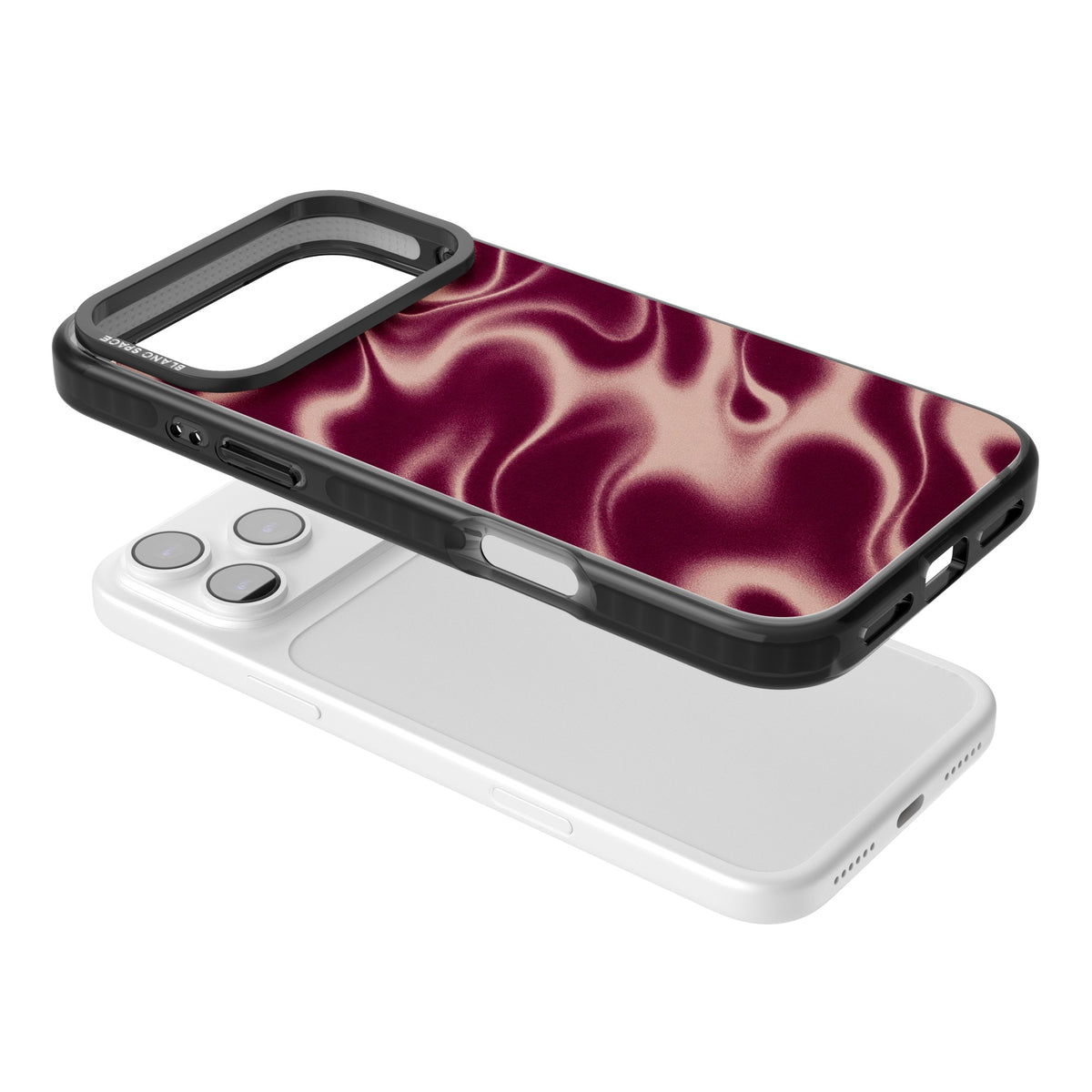 Merlot Sand abstract iPhone case featuring burgundy liquid satin waves, rose-gold highlights and silky folds iPhone 17 Pro Max Impact Black Phone Case angled