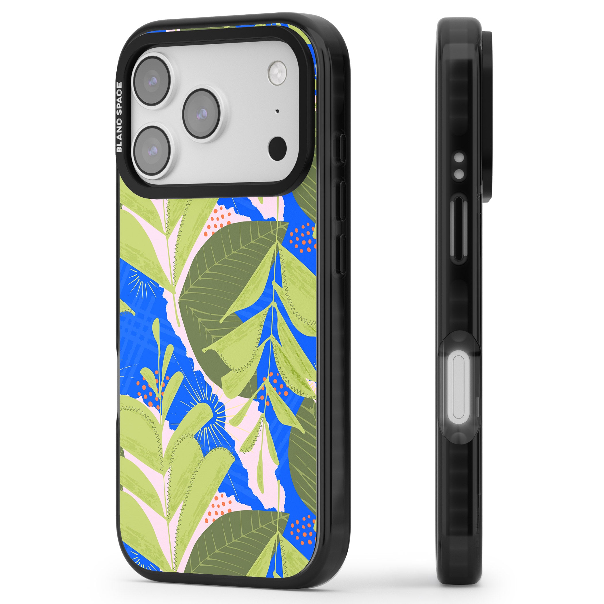 Fern Leaves Abstract Pattern iPhone 17 Pro Impact Pro Black Phone Case Side Profile