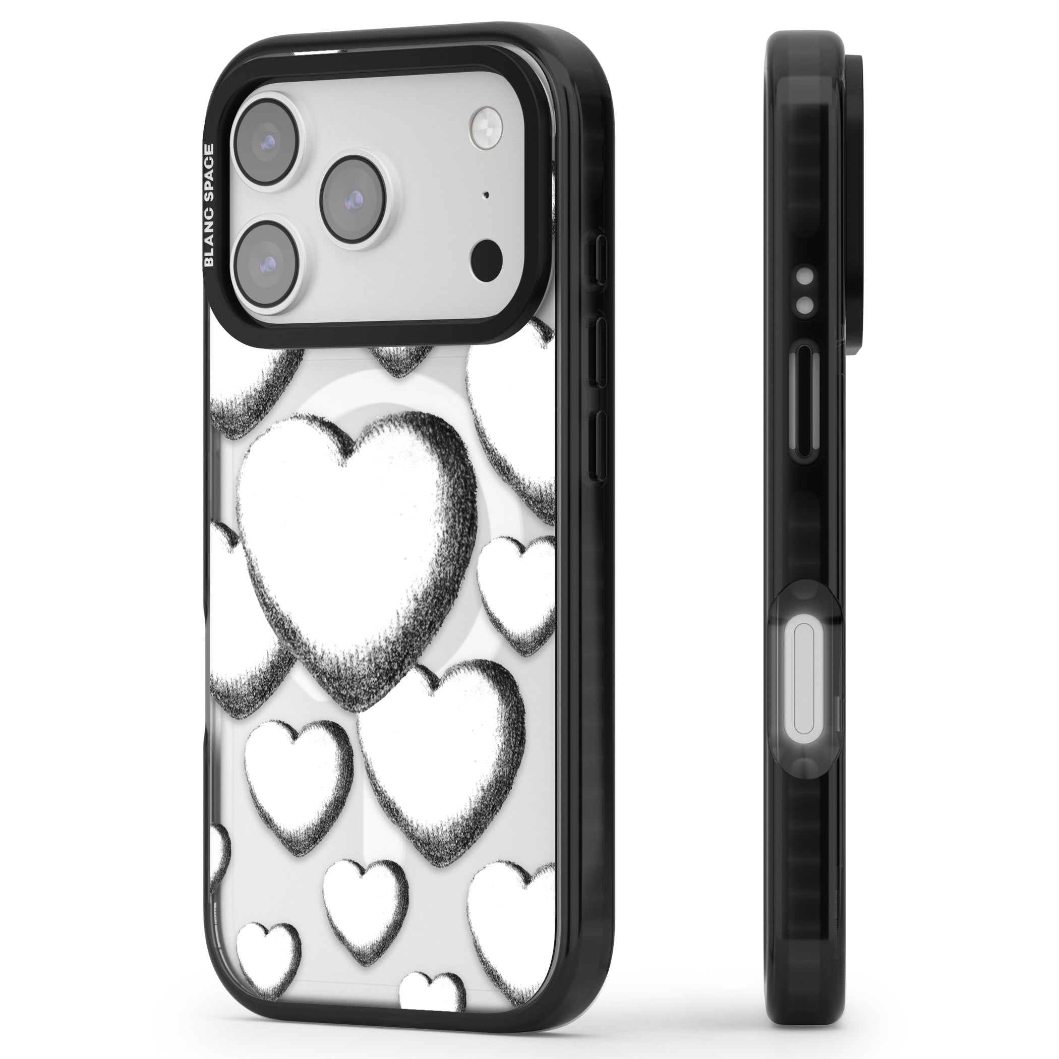 Hand Drawn Hearts iPhone 17 Pro Impact Pro Black Phone Case Side Profile