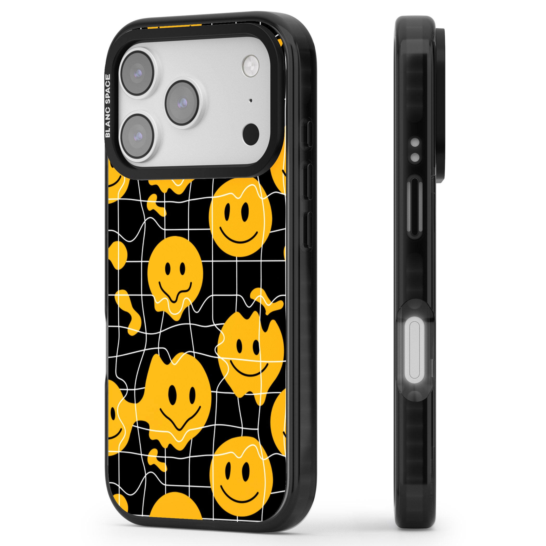 Acid Face Grid Pattern iPhone 17 Pro Impact Pro Black Phone Case Side Profile