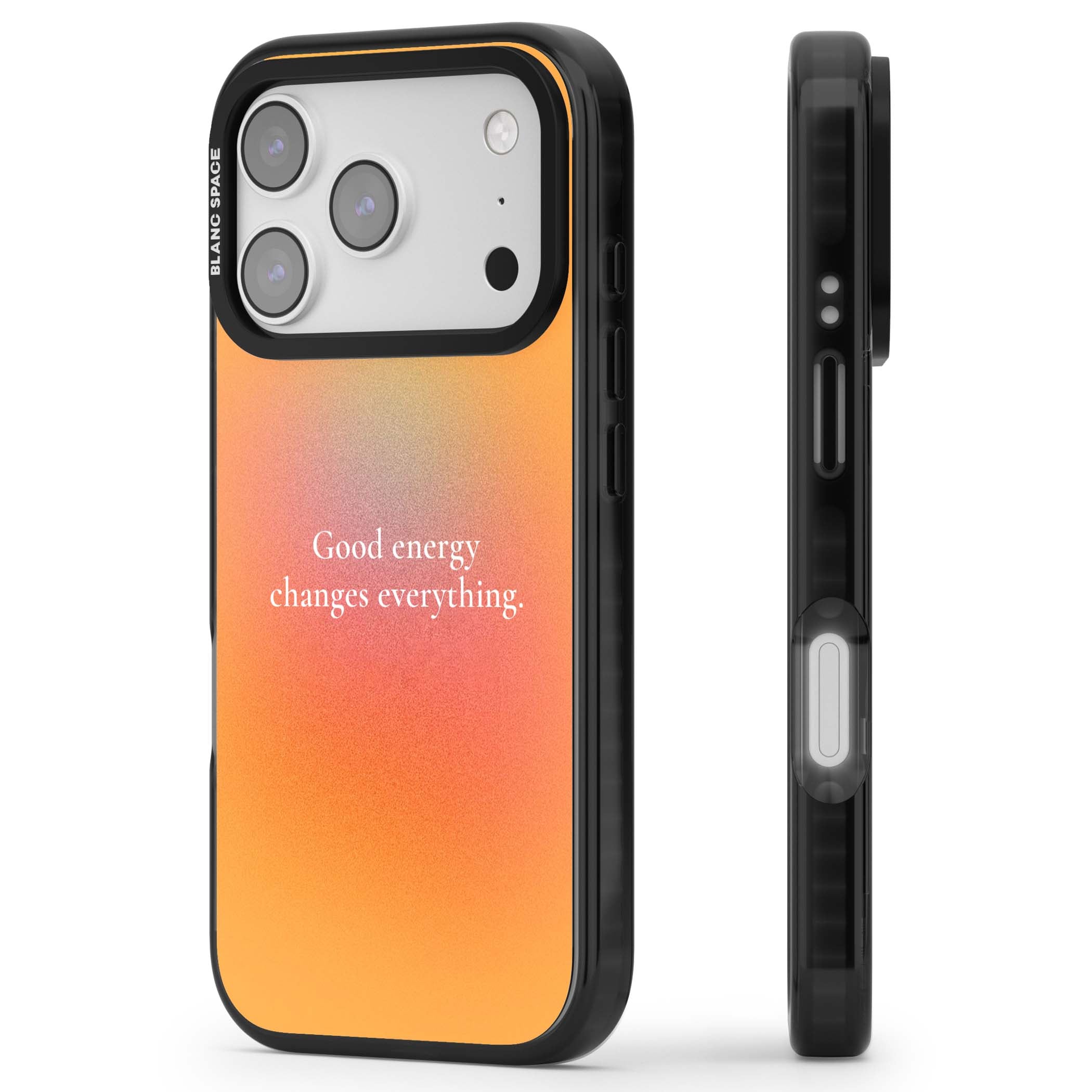Good Energy quote iPhone case featuring an orange and pink aura gradient with white serif affirmation text | Black Impact Magsafe case for iPhone 17 Pro, iPhone 17 Pro Max