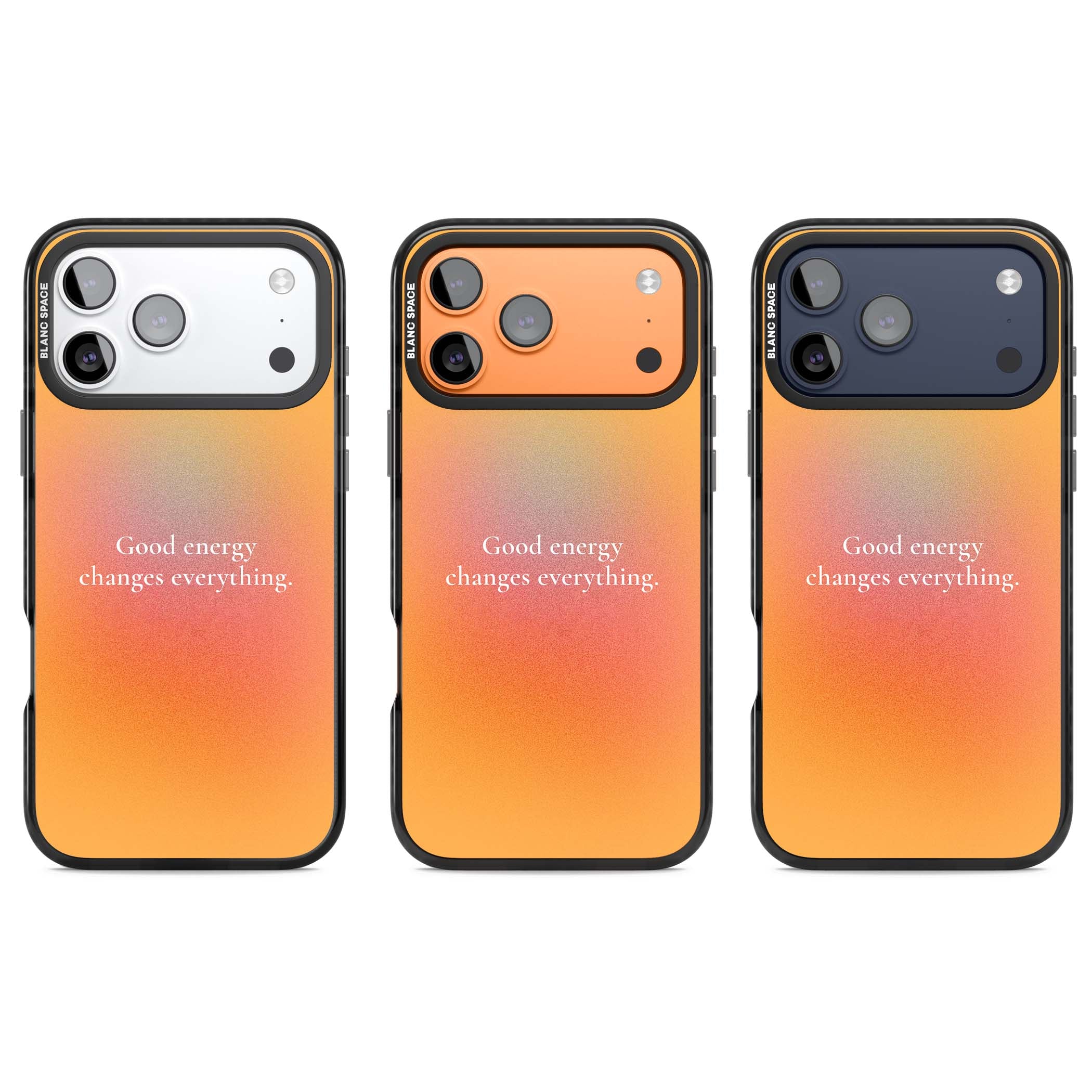 Good Energy quote iPhone case featuring an orange and pink aura gradient with white serif affirmation text | Black Impact Magsafe case for iPhone 17 Pro, iPhone 17 Pro Max