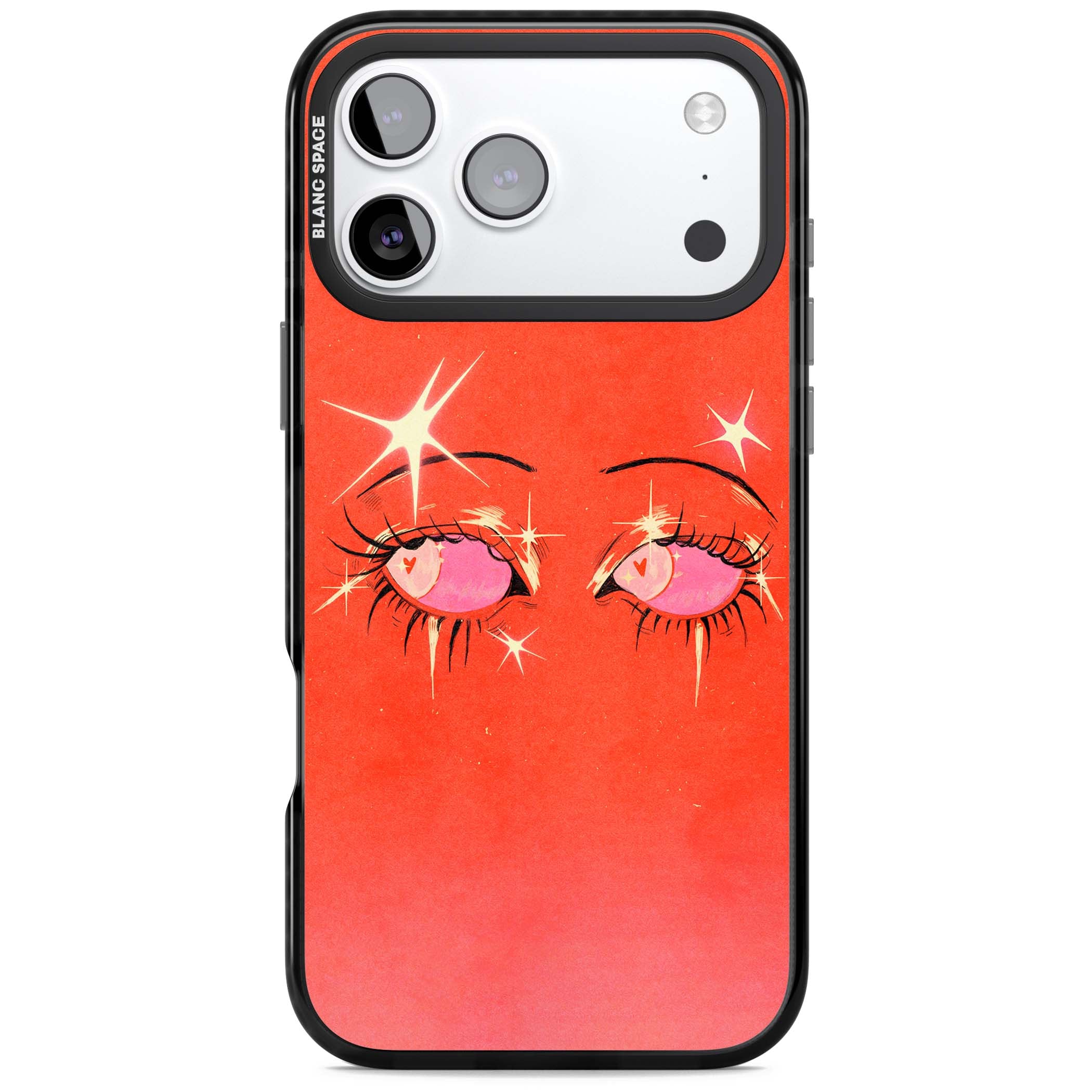 Pink Ethereal Eyes anime iPhone case featuring hand-drawn sparkly eyes with pink hearts and gold stars on red | Black Impact Magsafe case for iPhone 17 Pro, iPhone 17 Pro Max