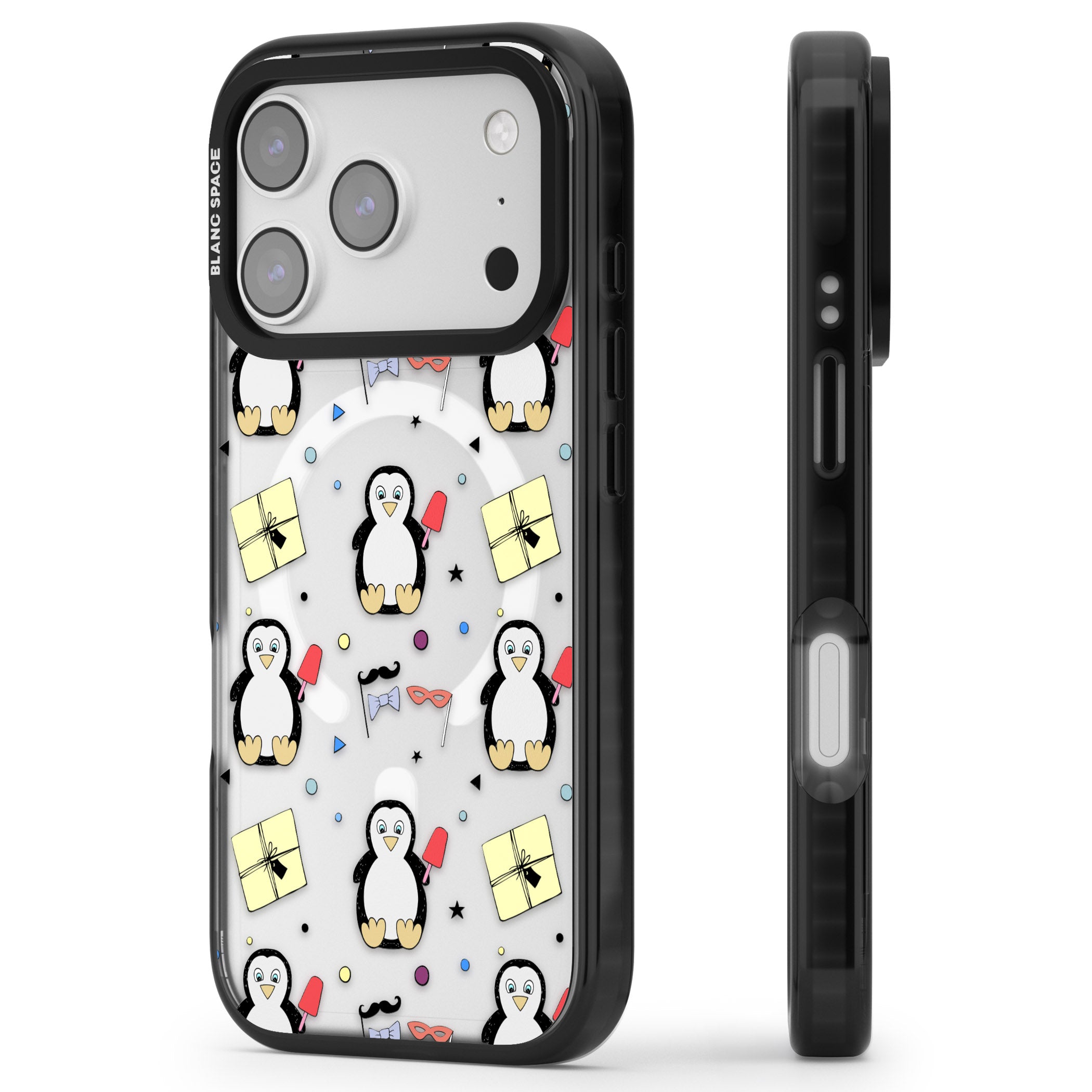 Cute Penguin Pattern Clear iPhone 17 Pro Impact Pro Black Phone Case Side Profile