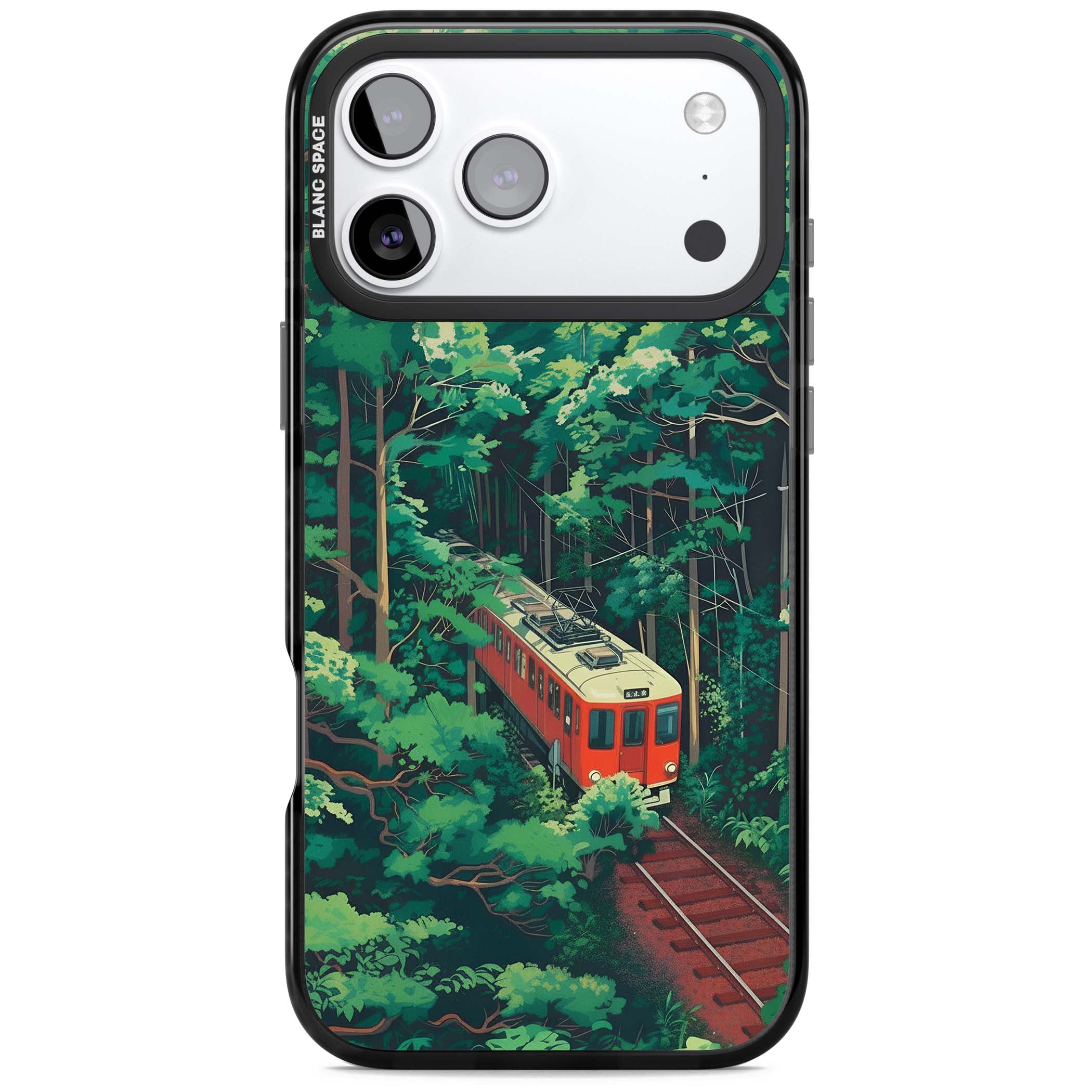 Railway In Toyama Japanese iPhone case featuring a red train, cedar forest and winding mountain railway tracks | Black Impact Magsafe case for iPhone 17 Pro, iPhone 17 Pro Max